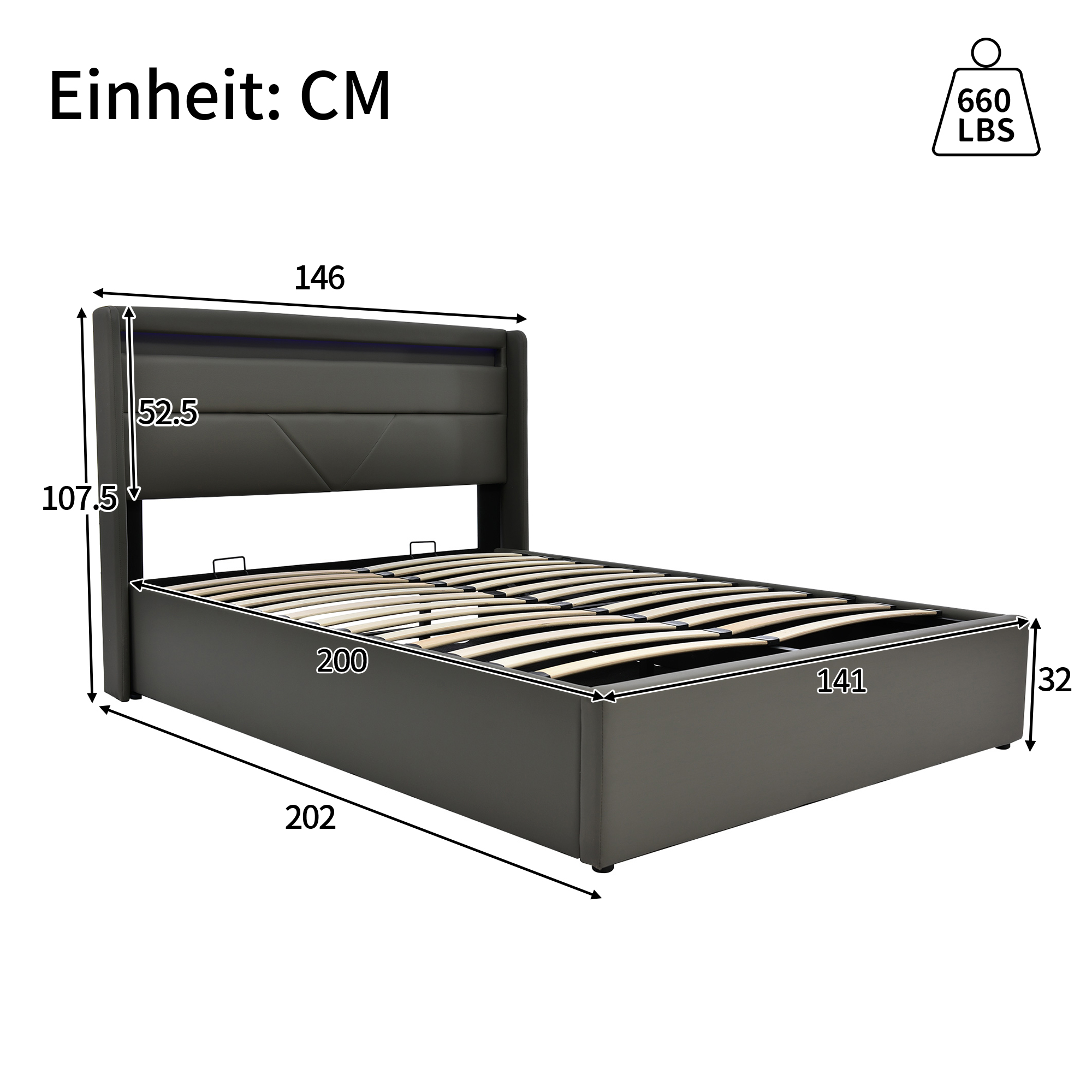 Hydraulic Storage Bed, LED, 140x200cm Upholstered, Gray
