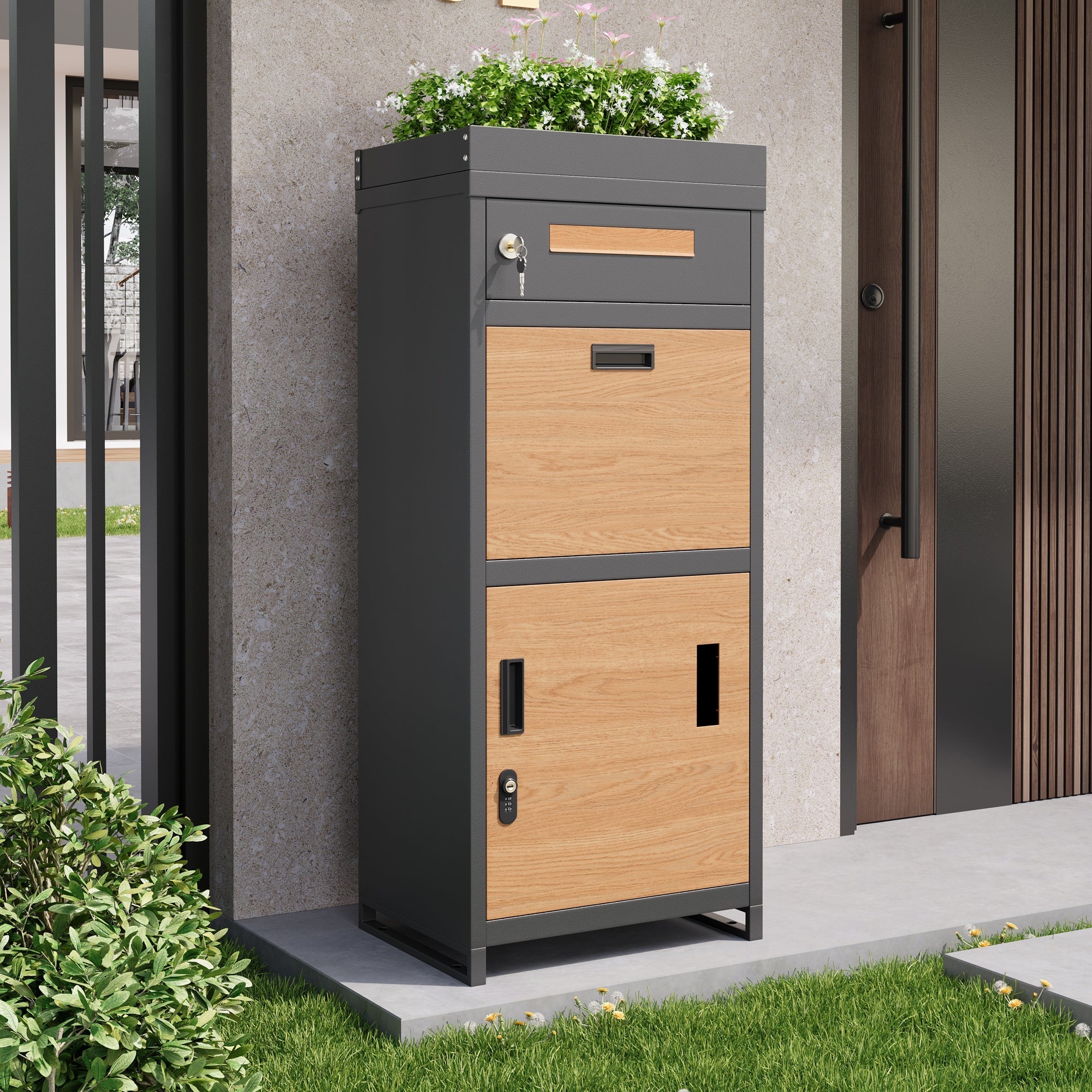 Parcel Mailbox with Combination Lock and Flower Bed, Integrated Lockable Storage Cabinet, Metal