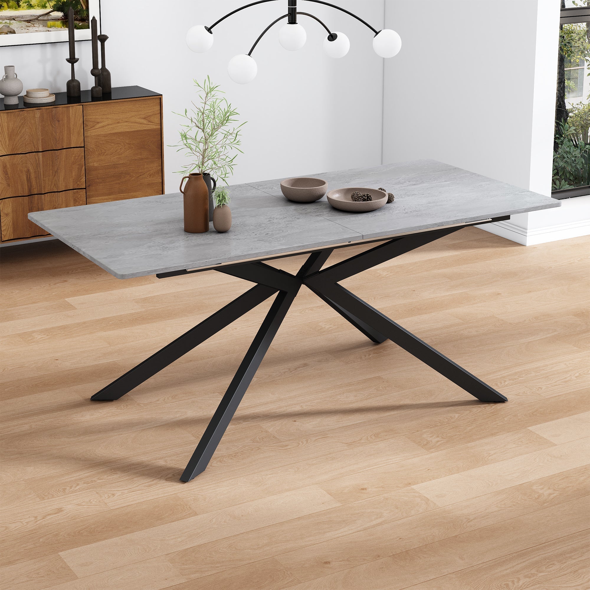 Extendable Dining Table Automatic Rectangular Cross Leg L150/180cm - Cement Pattern Black/Grey