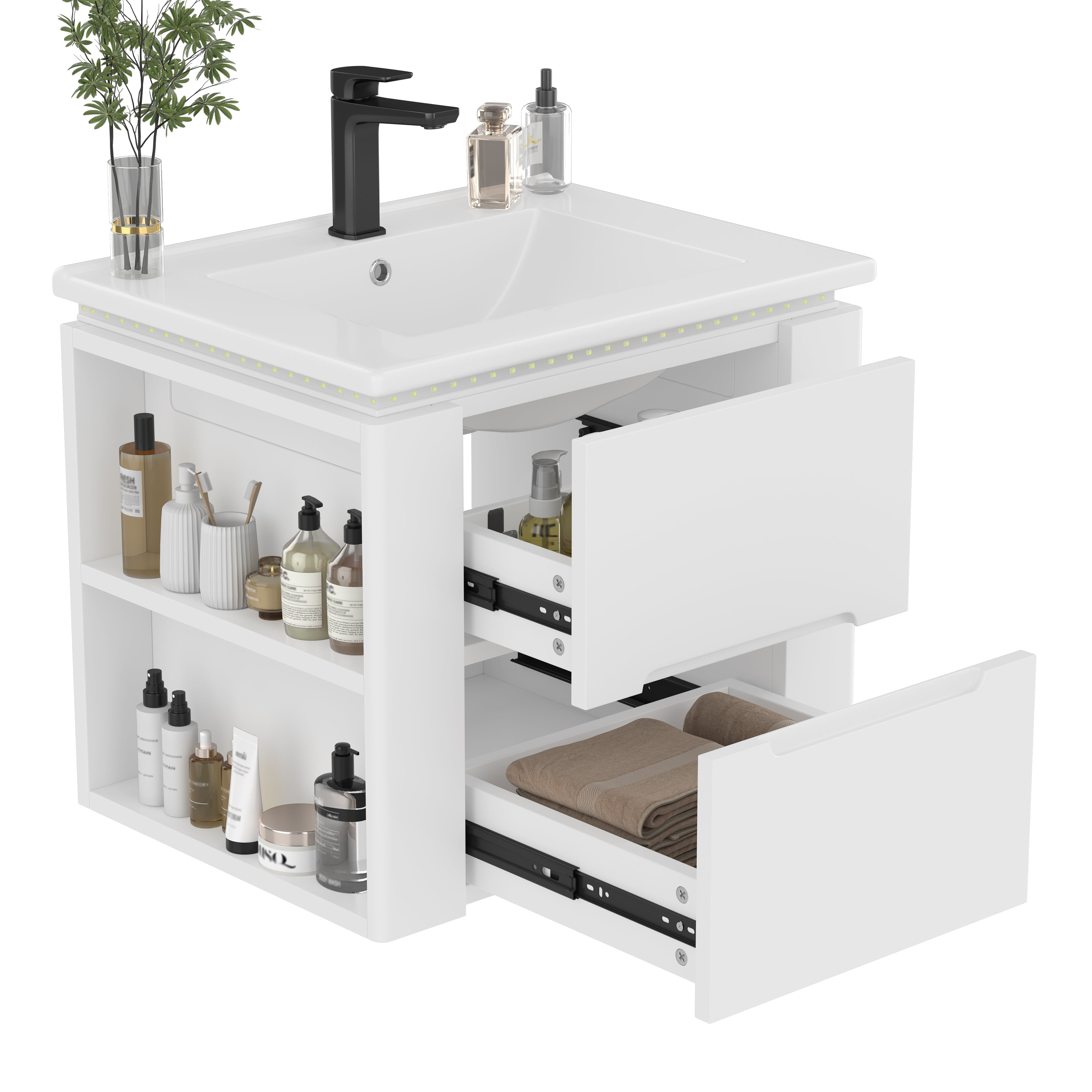 Wall-Mounted Bathroom Cabinet with LED Sensor Lighting and Integrated Sink, White