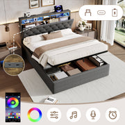 5ft King Upholstered Hydraulic Bed, Headboard Storage & LED Lighting, Linen Grey