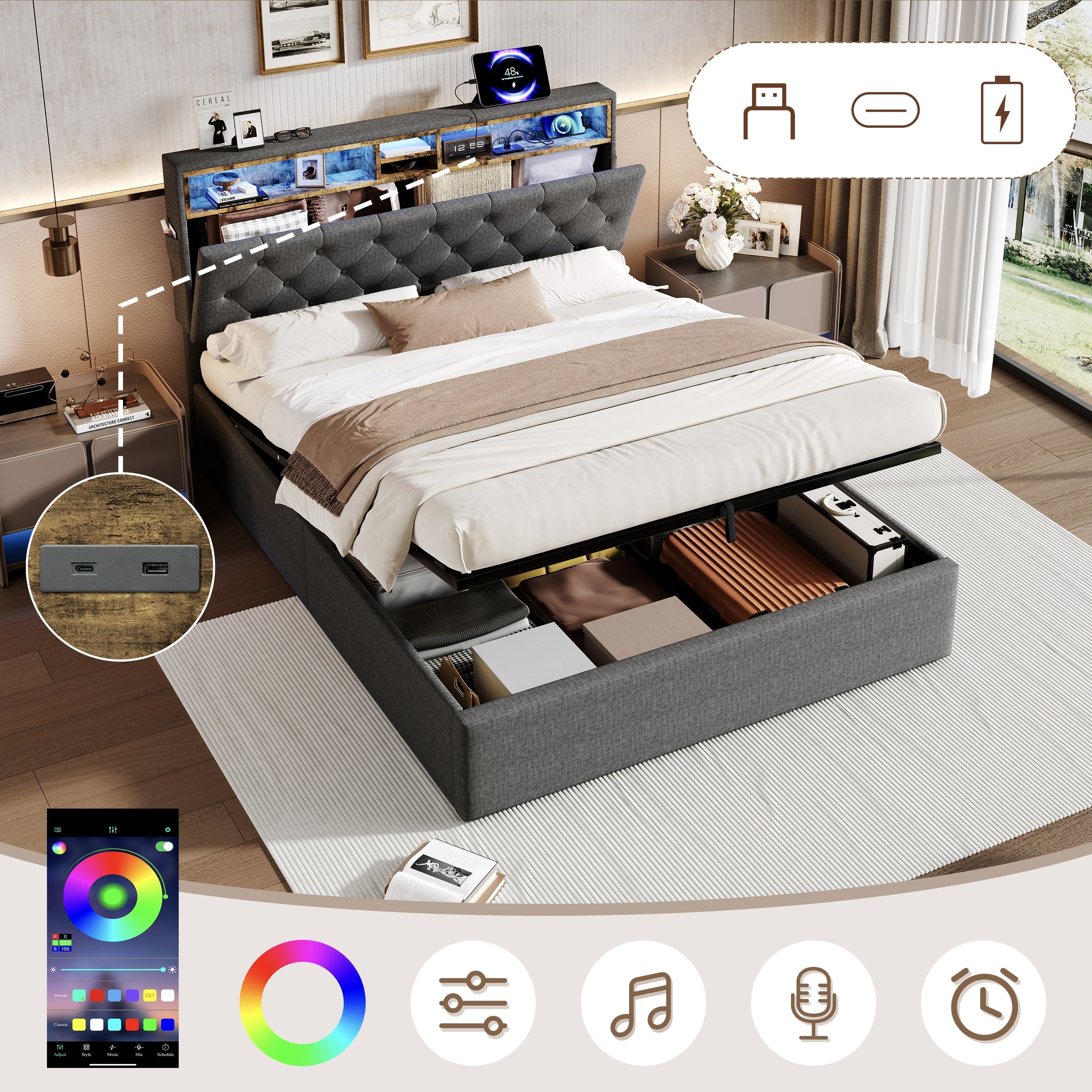 5ft King Upholstered Hydraulic Bed, Headboard Storage & LED Lighting, Linen Grey