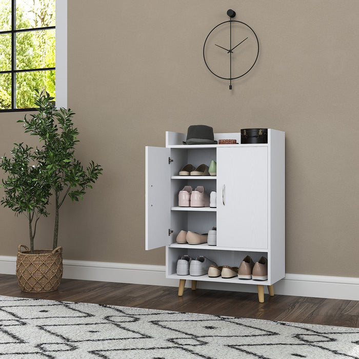 Shoe Cabinet with Doors and Shelves, Holds 12 Shoes, White Wood
