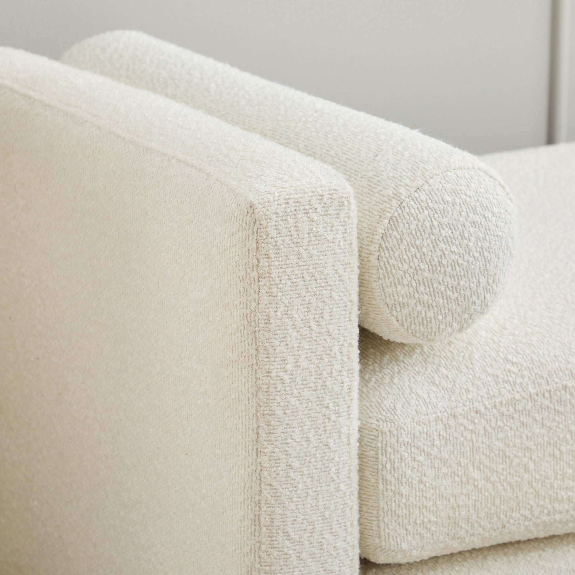 Elegant Upholstered Bench, Daybed Ottoman with Wood Legs and 2 Bolster Pillows, Ivory Boucle