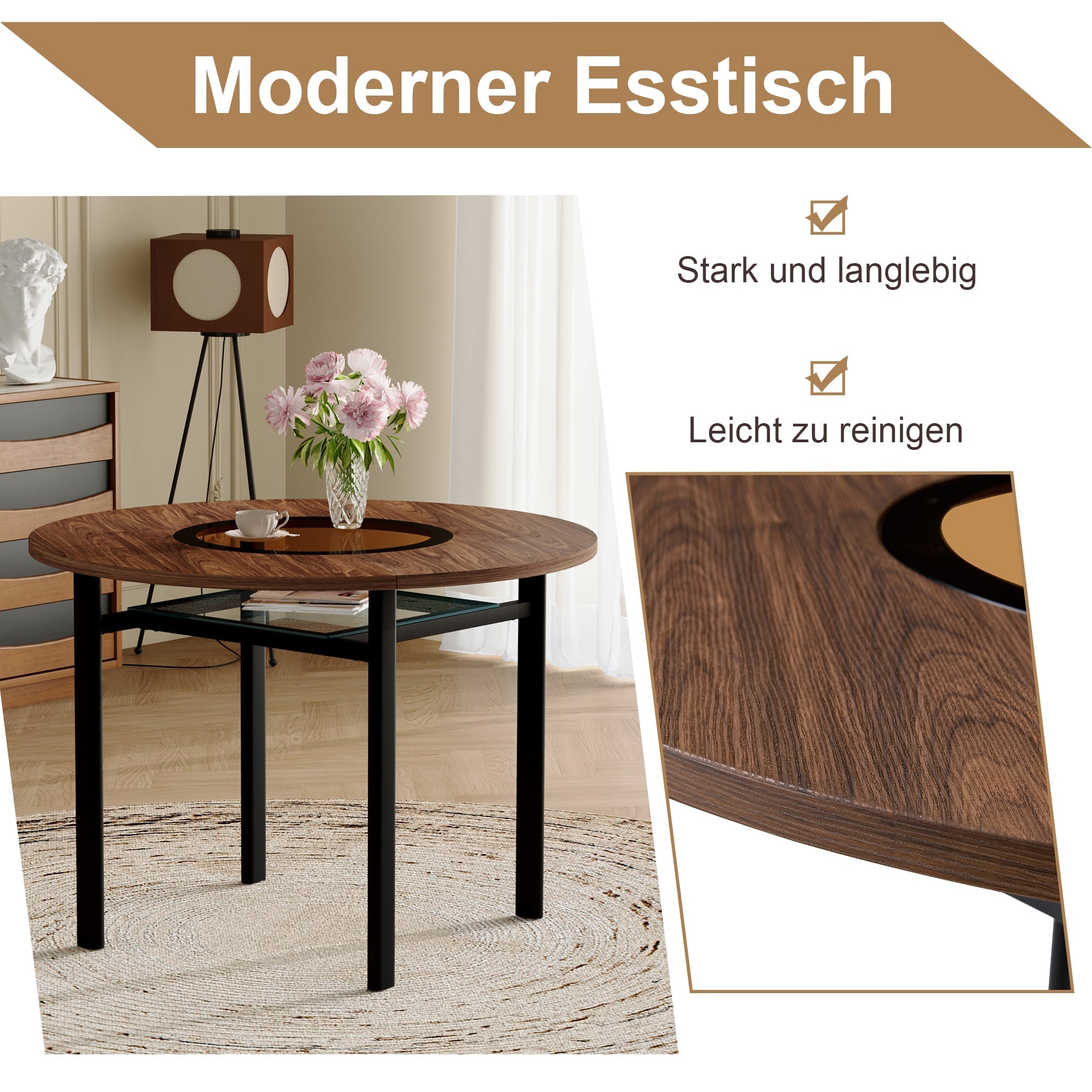 Round Table 100cm Modern Minimalist 2-4 Seater Glass Top Brown Wood Pattern