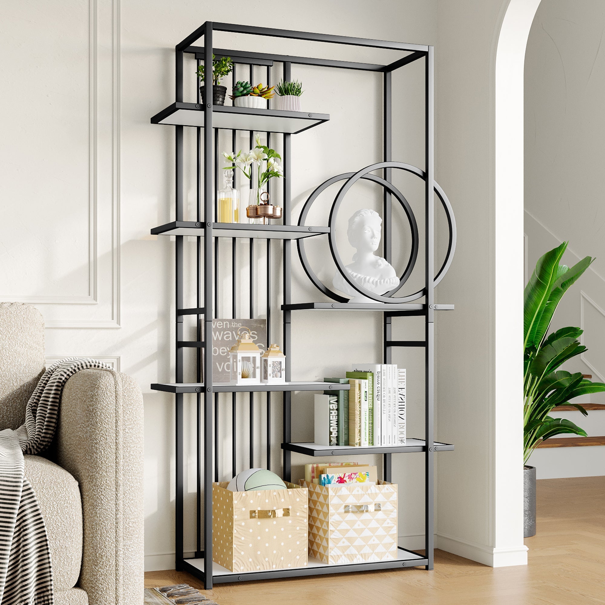 Metal Shelf 100x30x180cm Multi-Tier Modern Style - White/Black