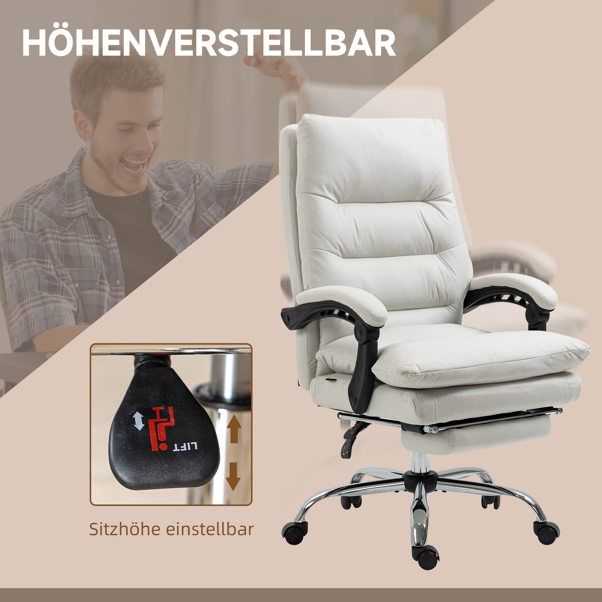 Vinsetto Office Chair, Massage, 135° Tilt, Height Adjustable, 120 kg Load, Artificial Leather, Cream White