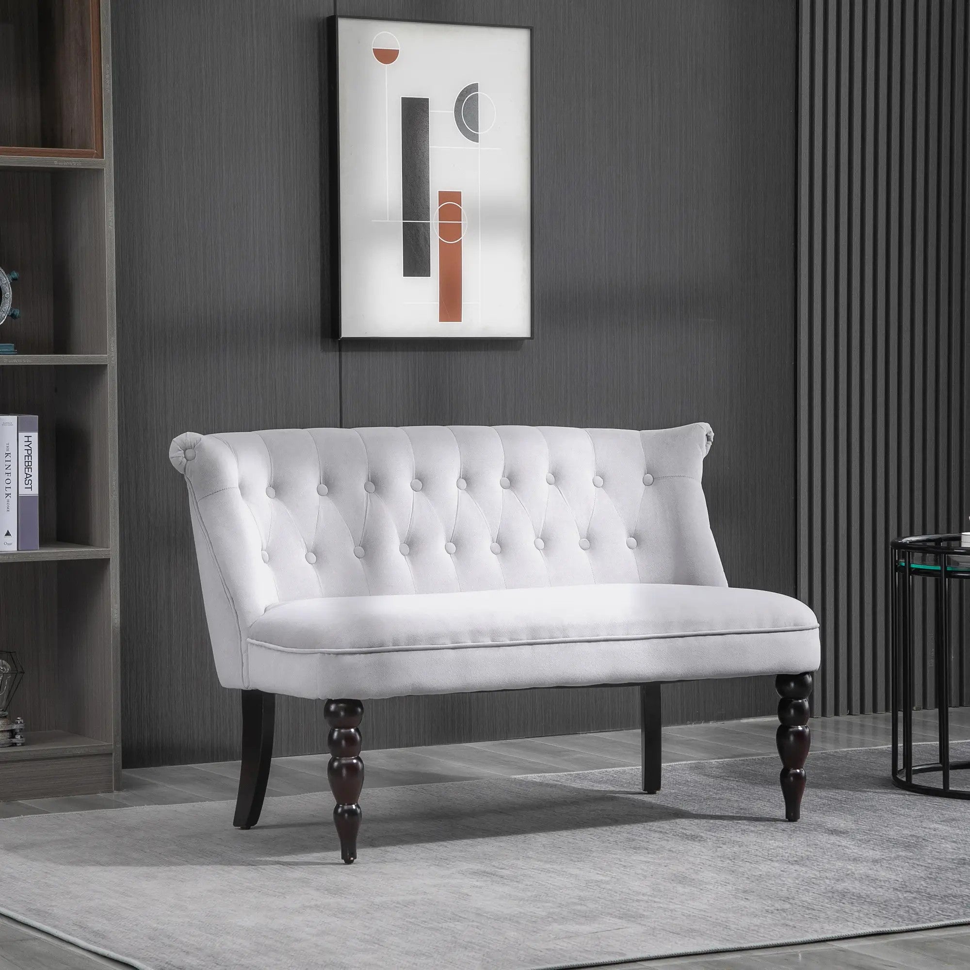 Loveseat, Compact 2 Seater Button Tufted with Carved Legs, Wood Frame, Grey