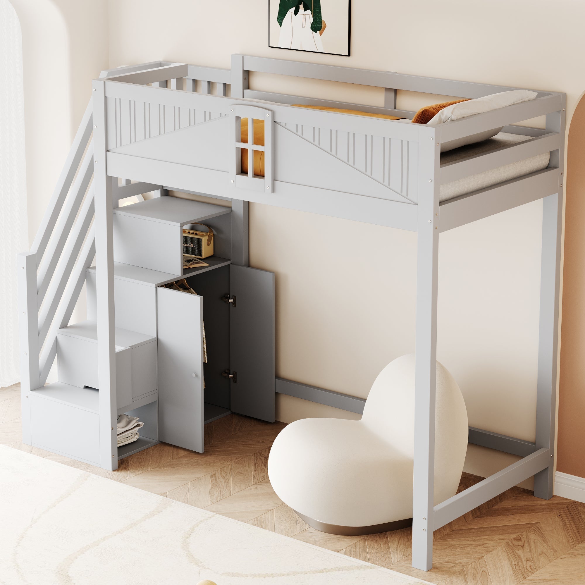 Solid Wood Loft Bed with Safety Door and Storage Ladder, 90 x 200 cm, Grey