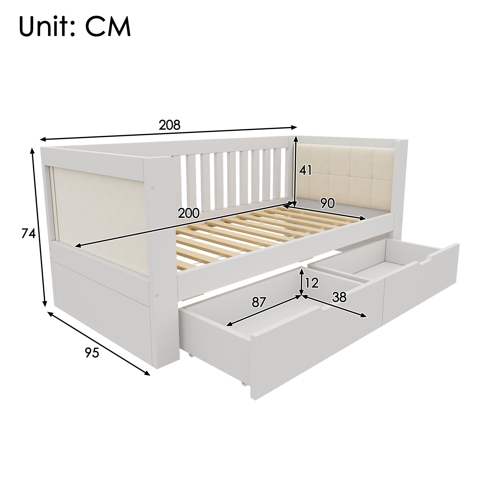 Sofa Bed with 2 Drawers and Rounded Armrests, 90x200cm, White Wood