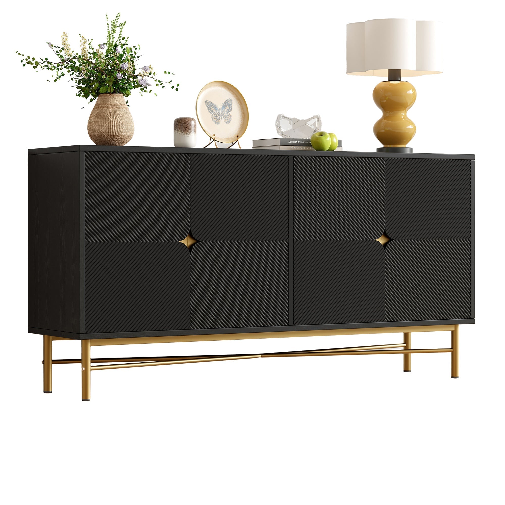 Sideboard Raised Texture 160cm, Cabinet Four Doors, Golden Brushed Handles and High-Gloss Table Legs, Black