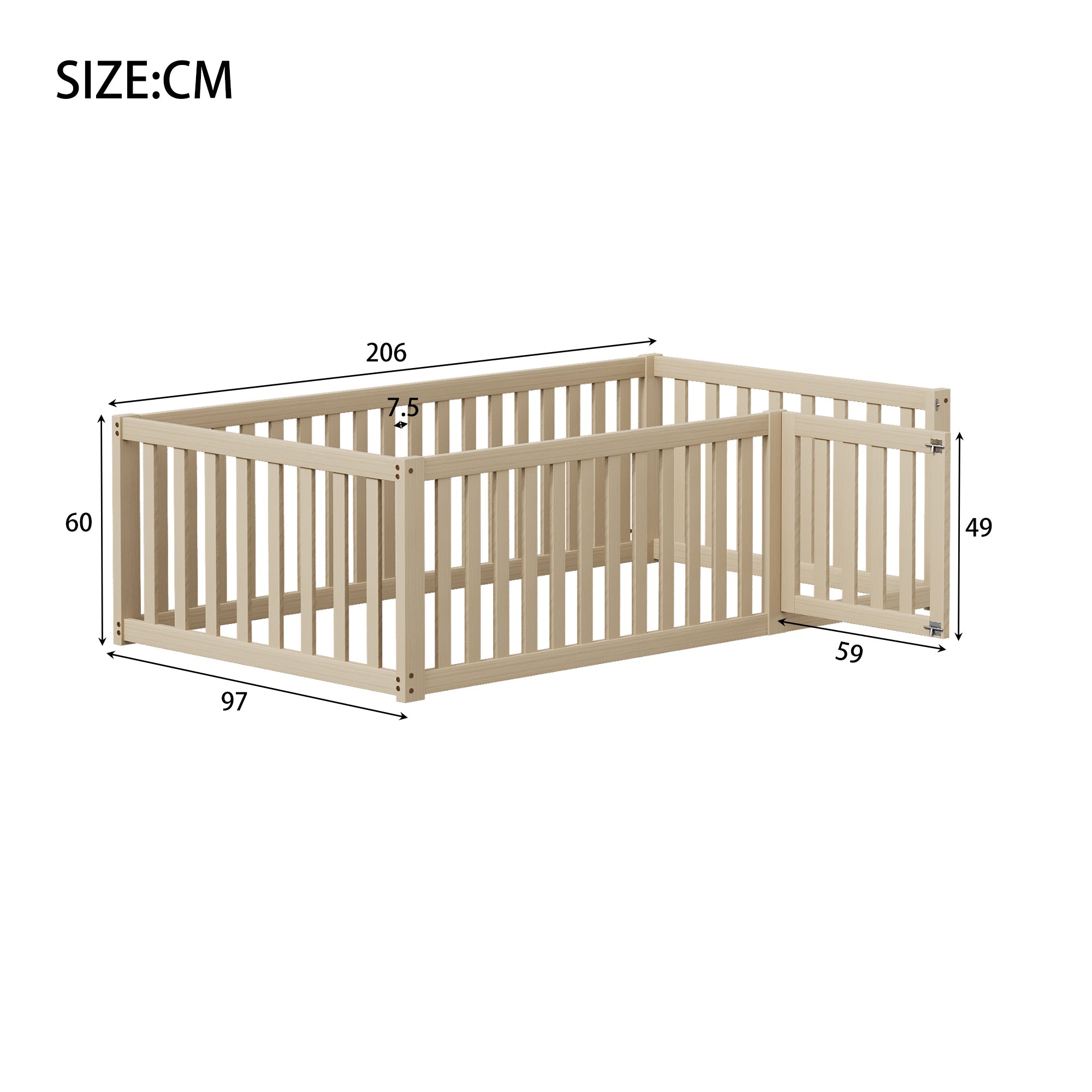 Children's bed 90 x 200, floor bed frame with fence and door, wood
