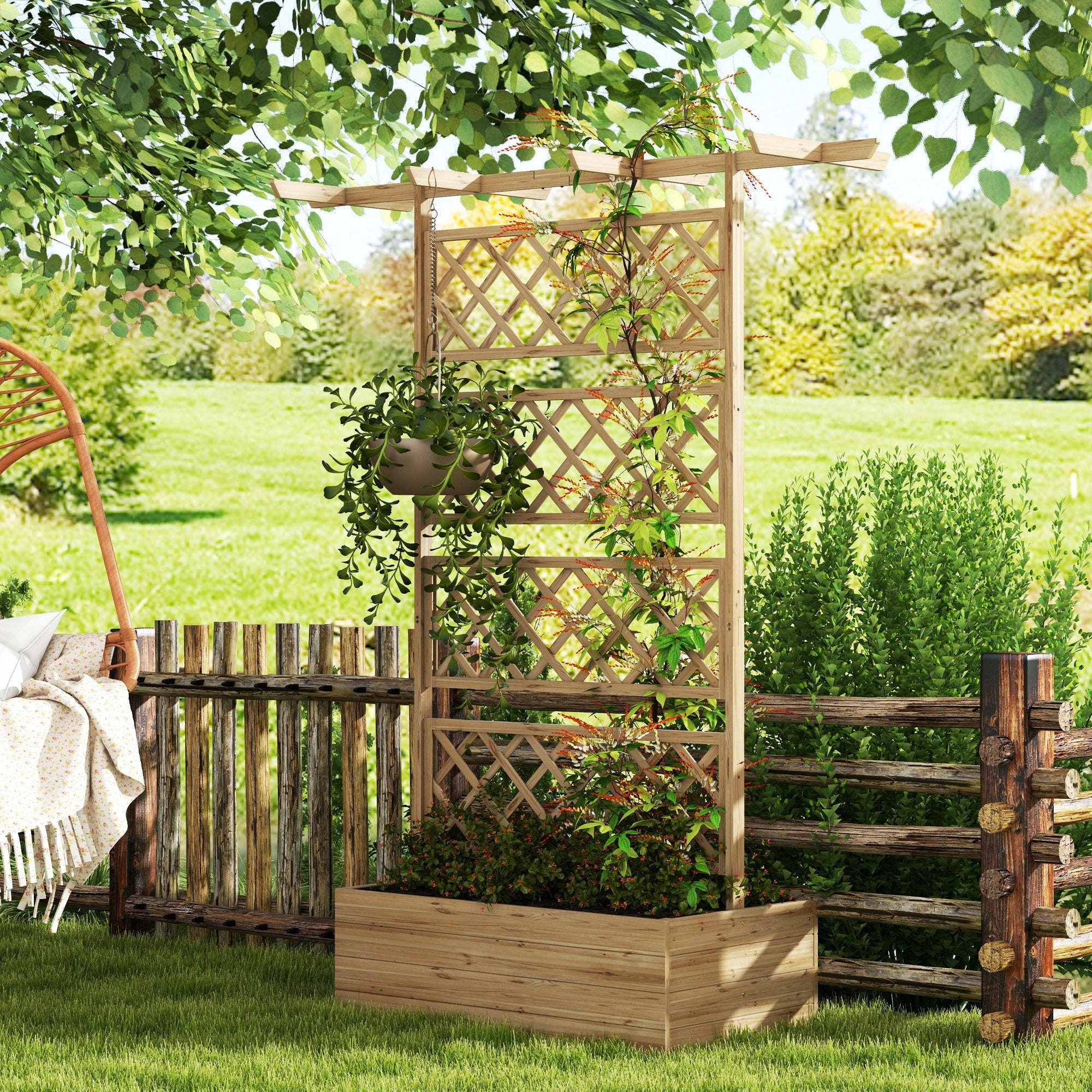 Wooden Trellis Planter Box, Raised Garden Bed for Vegetables and Flowers, Natural Tone