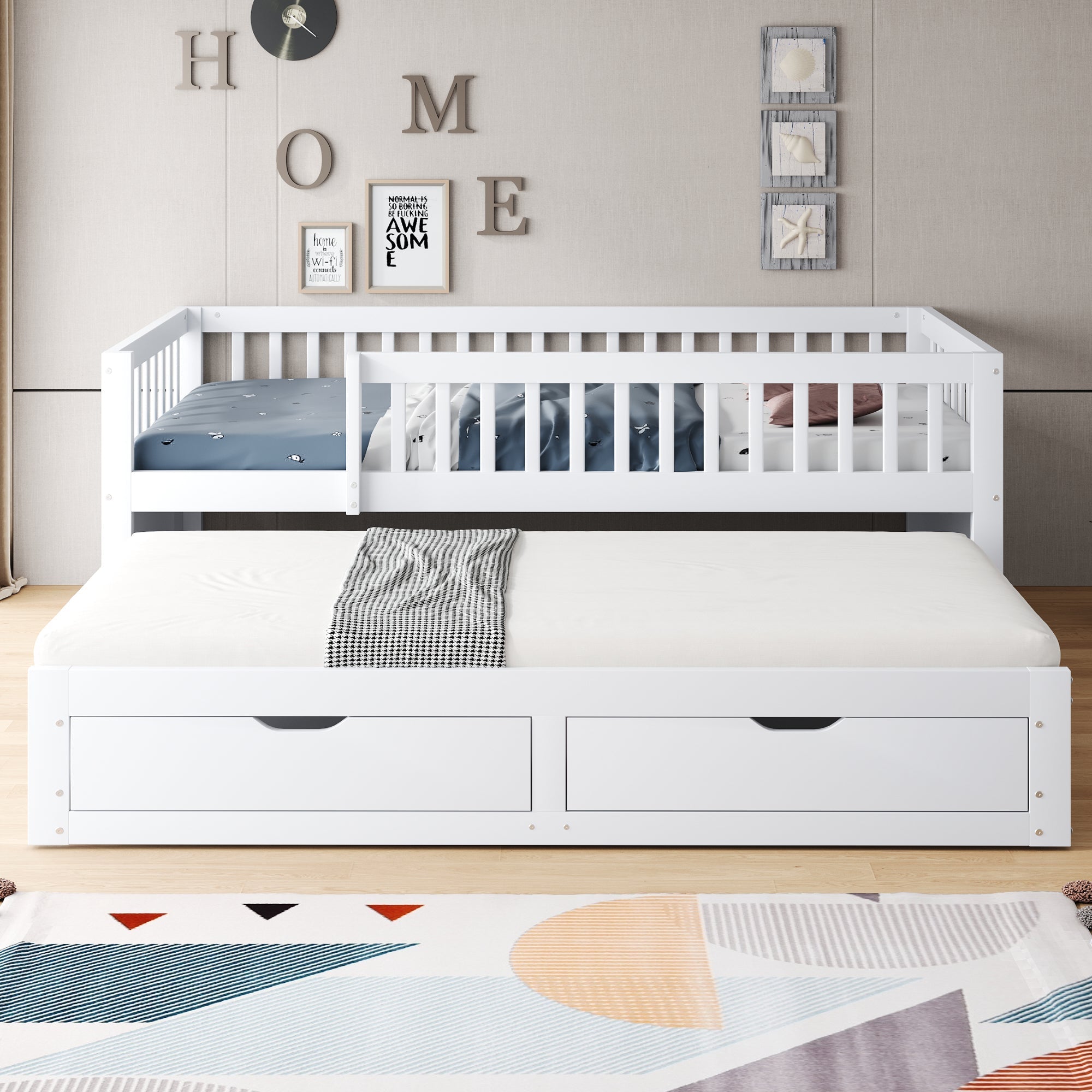 Solid Wood Sofa Bed, Pull-Out 90x200cm Safety Rail Storage, White