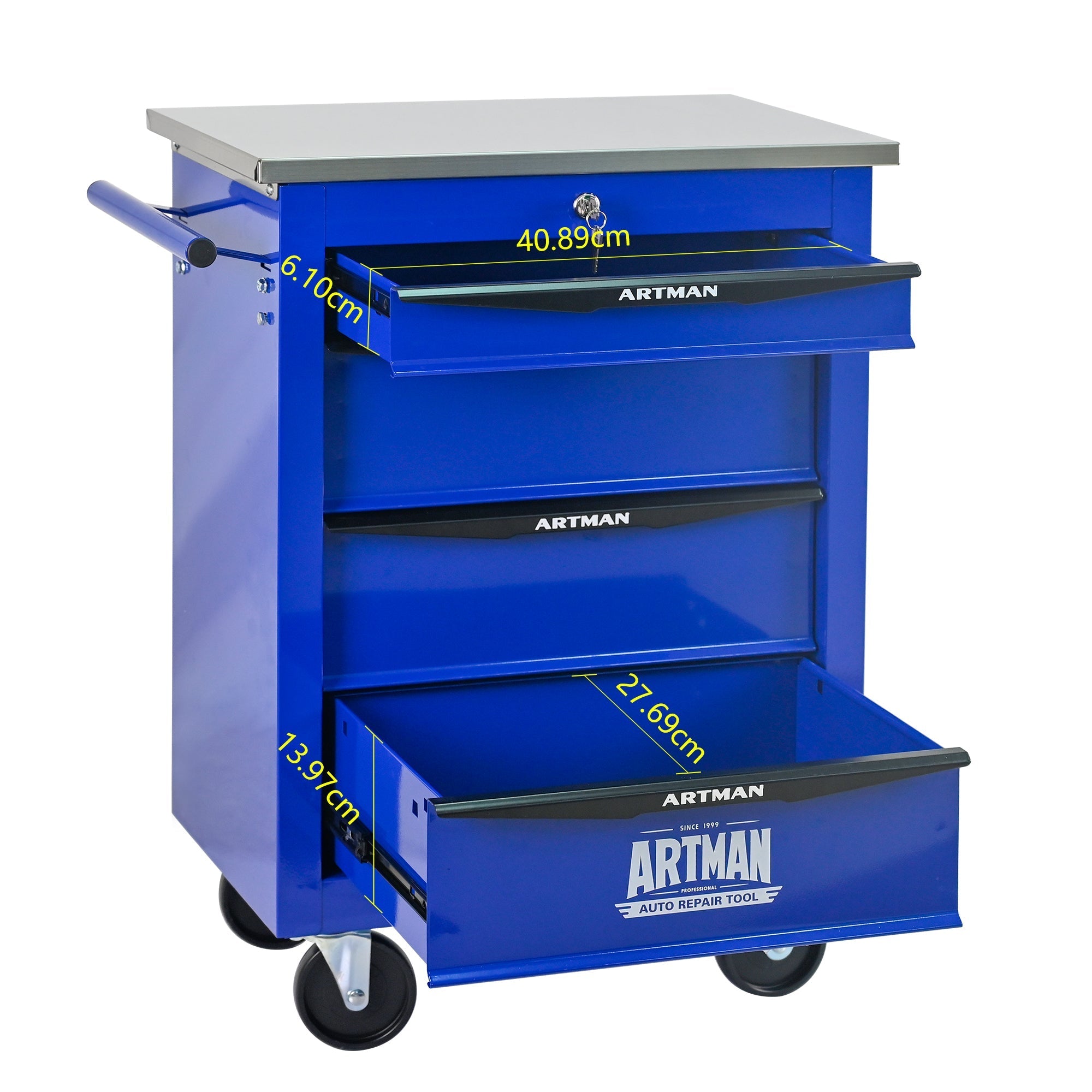 4-Drawer Tool Trolley, Multifunctional Rolling Storage, Metal, Black & Blue
