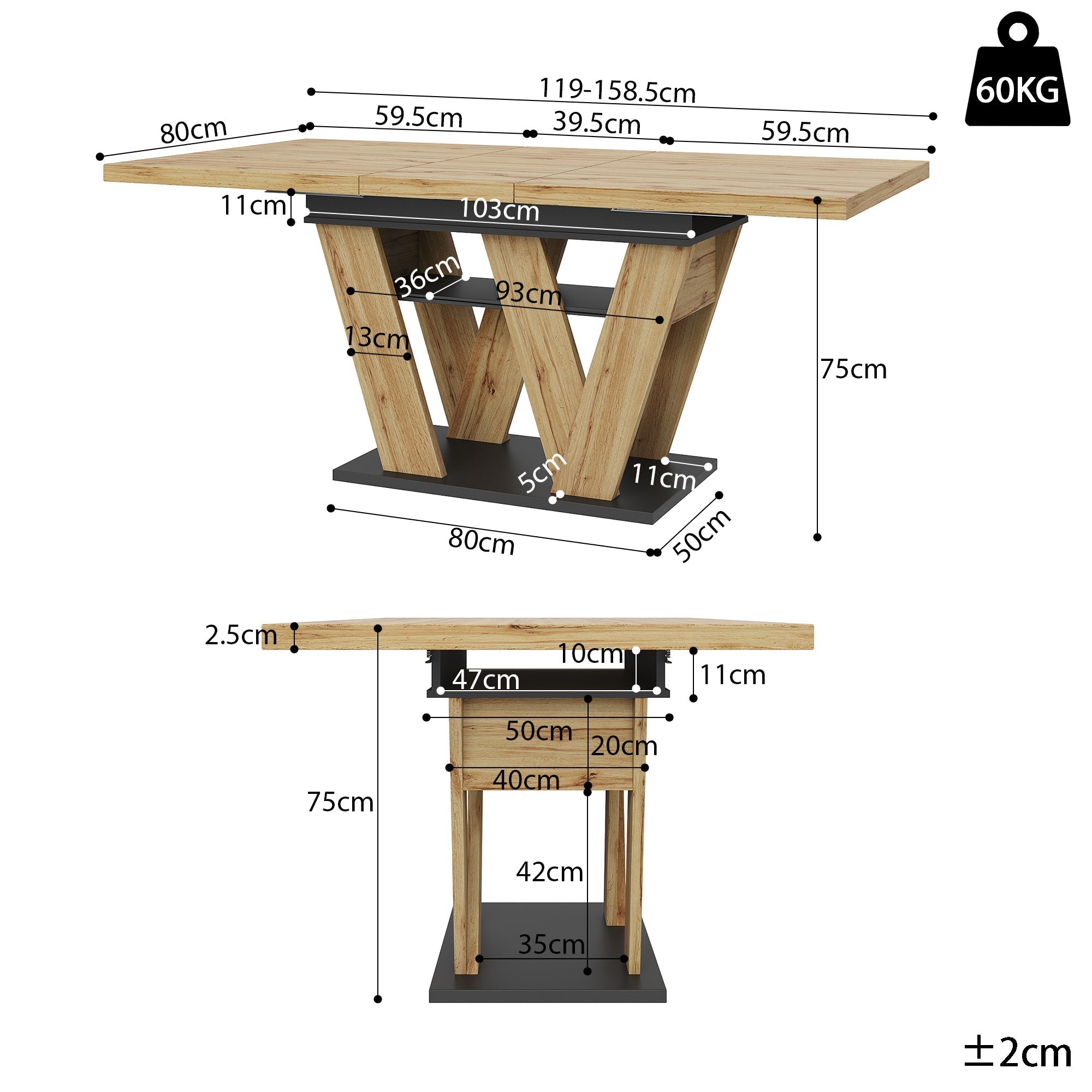 Telescopic Dining Table Extendable 119-158.5x80cm W-Legs - Natural Wood