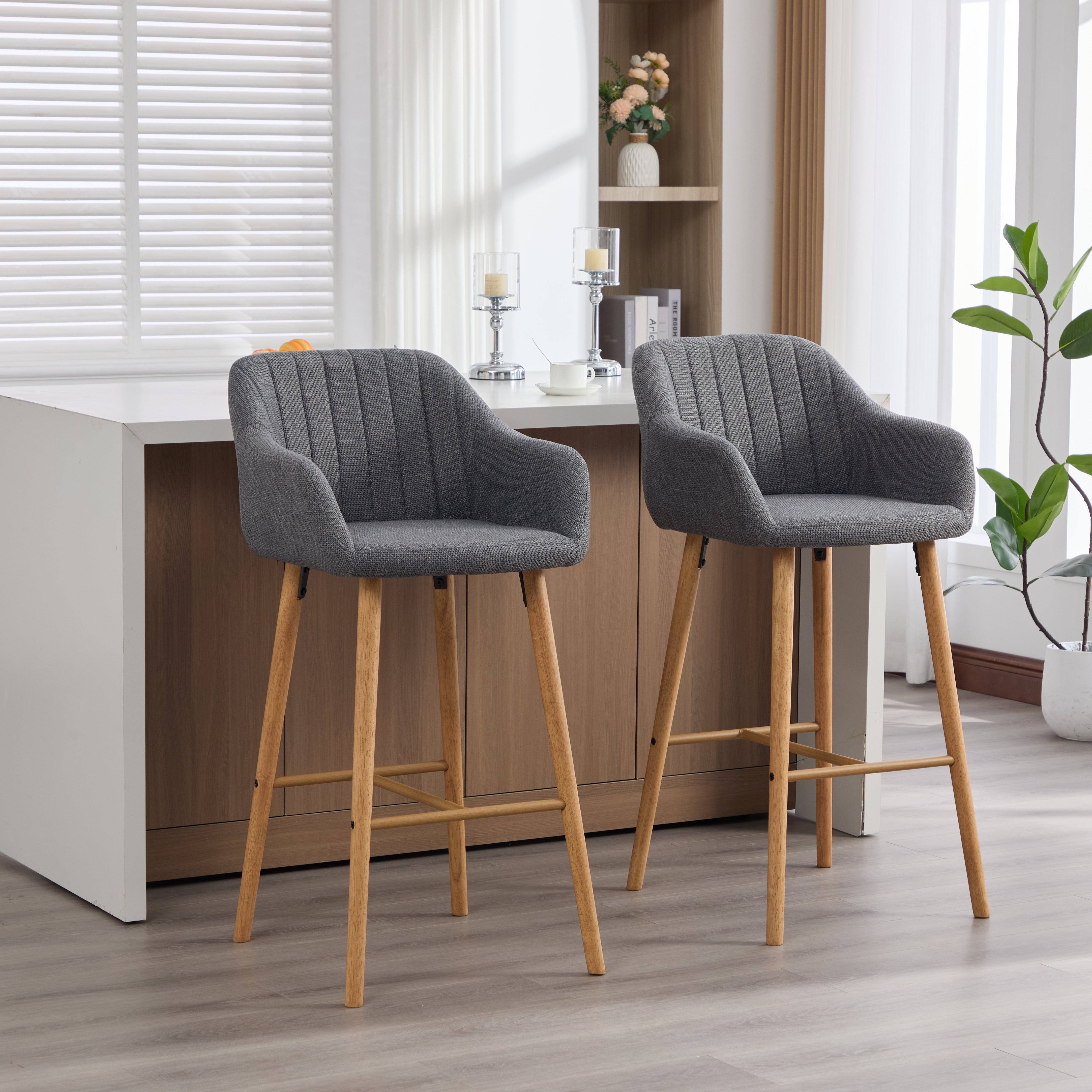 Modern Bar Stools Set of 2 with High Backrest and Armrests, Beige Linen