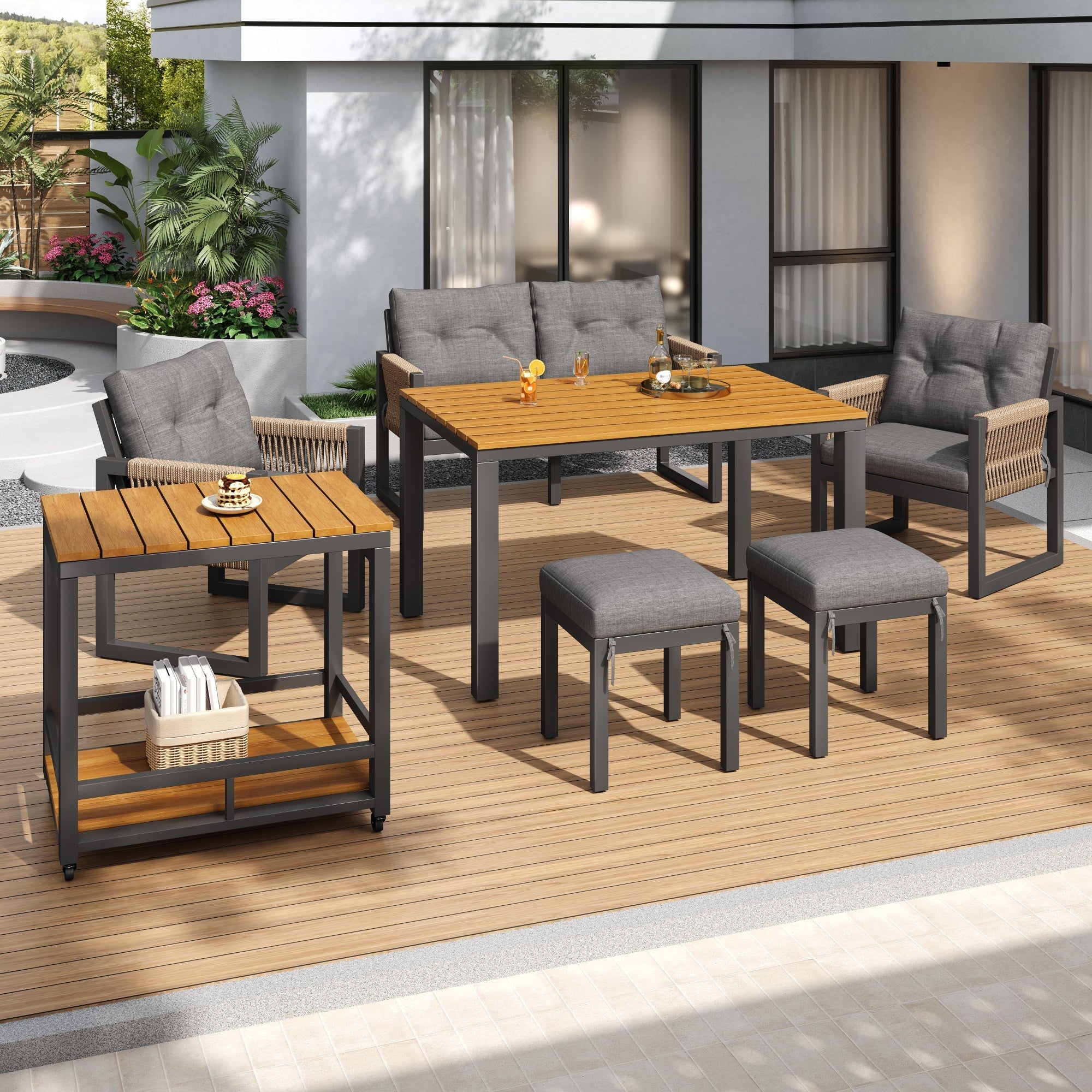 Outdoor Sofa Set with Woven Armrests, Cushions and Multifunctional Table, Iron Frame