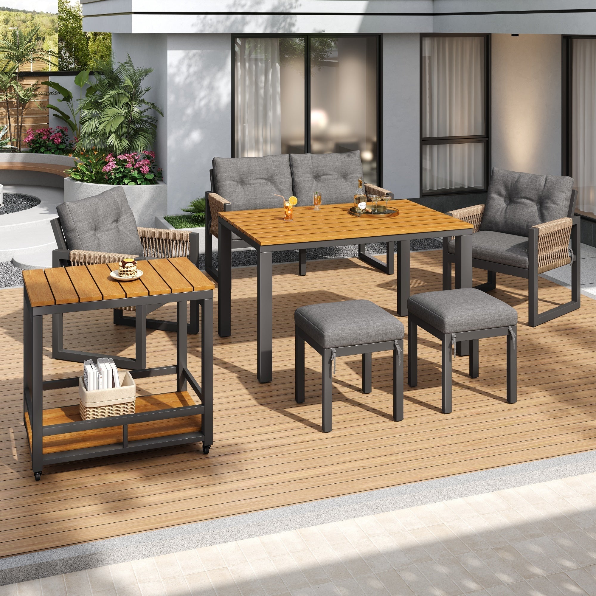 Outdoor Sofa Set with Woven Armrests, Cushions and Multifunctional Table, Iron Frame