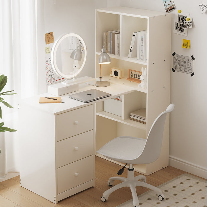 Corner Desk with Bookshelf, 4 Storage and 3 Drawers, White