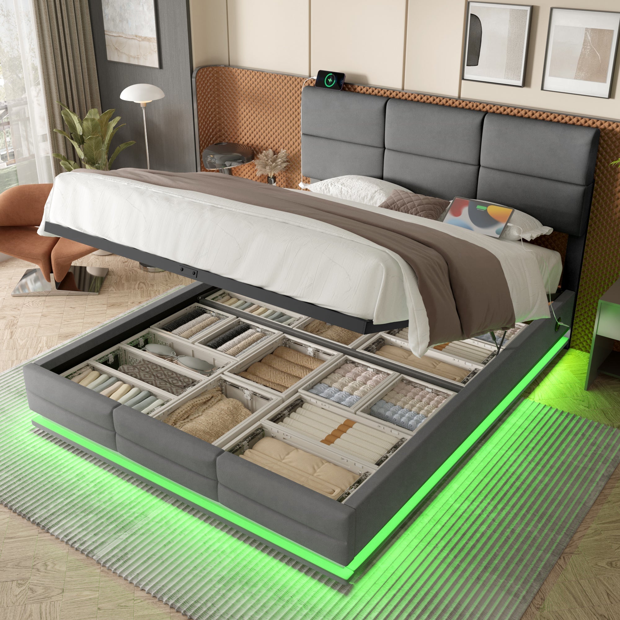 Modern Velvet Upholstered Bed, 150x200 cm, LED, USB Ports, Hydraulic Lift, Gray