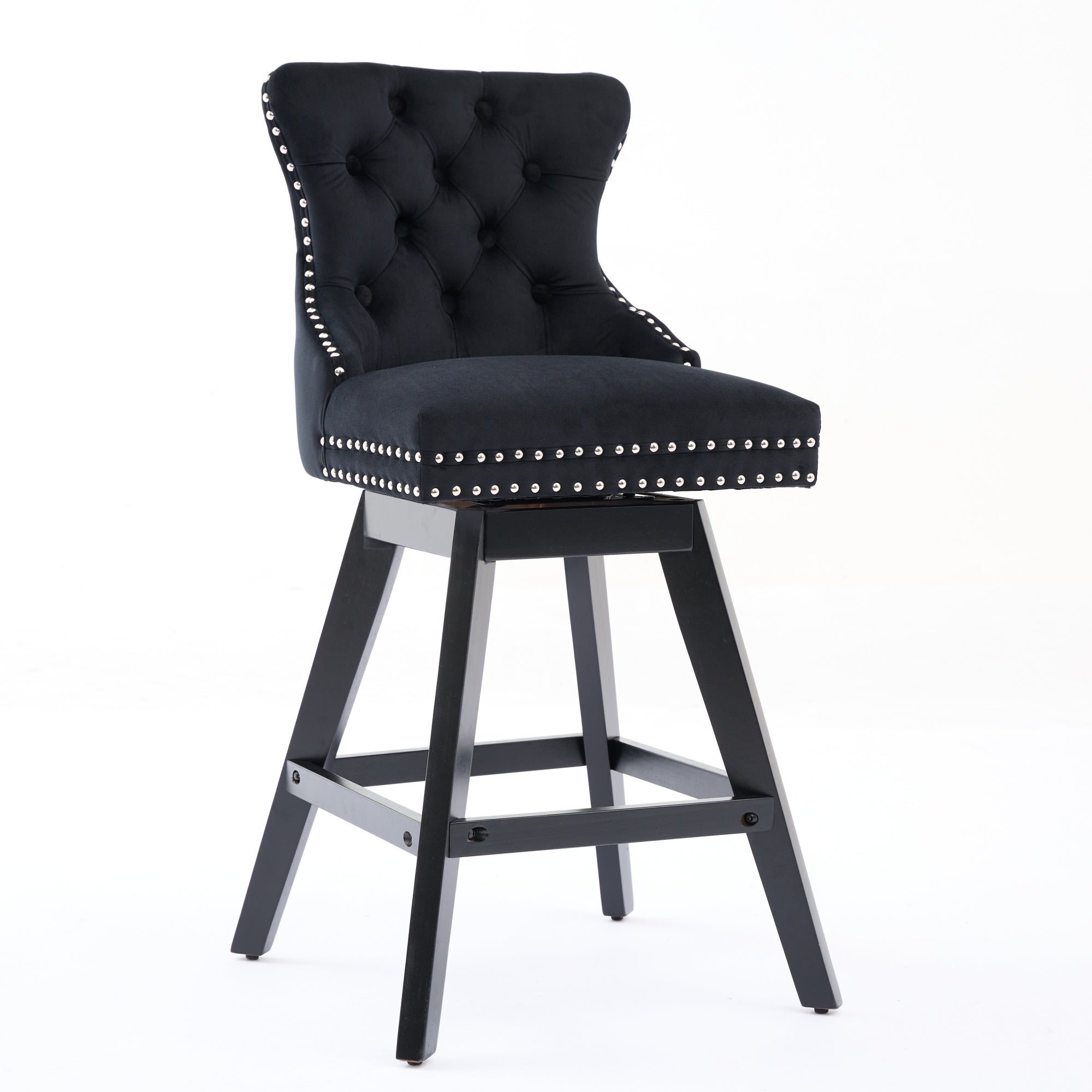 Swivel Velvet Barstools Button Tufted Wooden Legs Set of 2 - Black