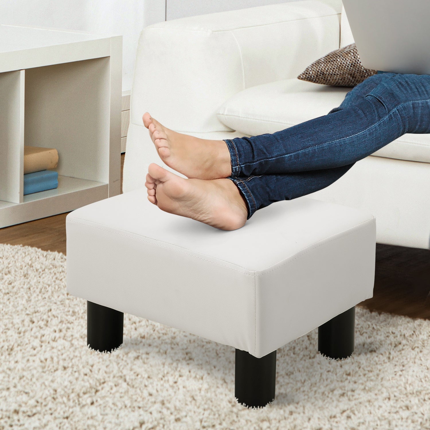 Chesterfield Footstool, 40x30x24cm, White Faux Leather