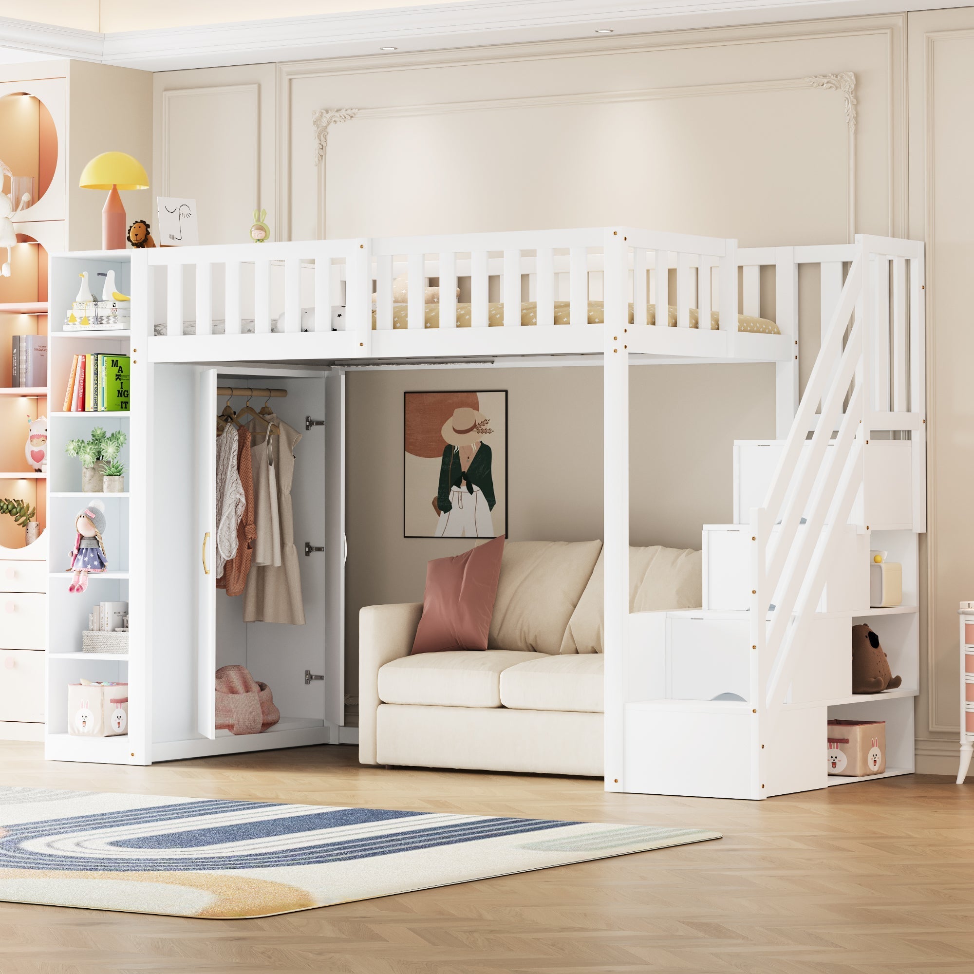 Loft Bed with Storage Stairs, Shelves and Wardrobe, Solid Wood White and Wood Color