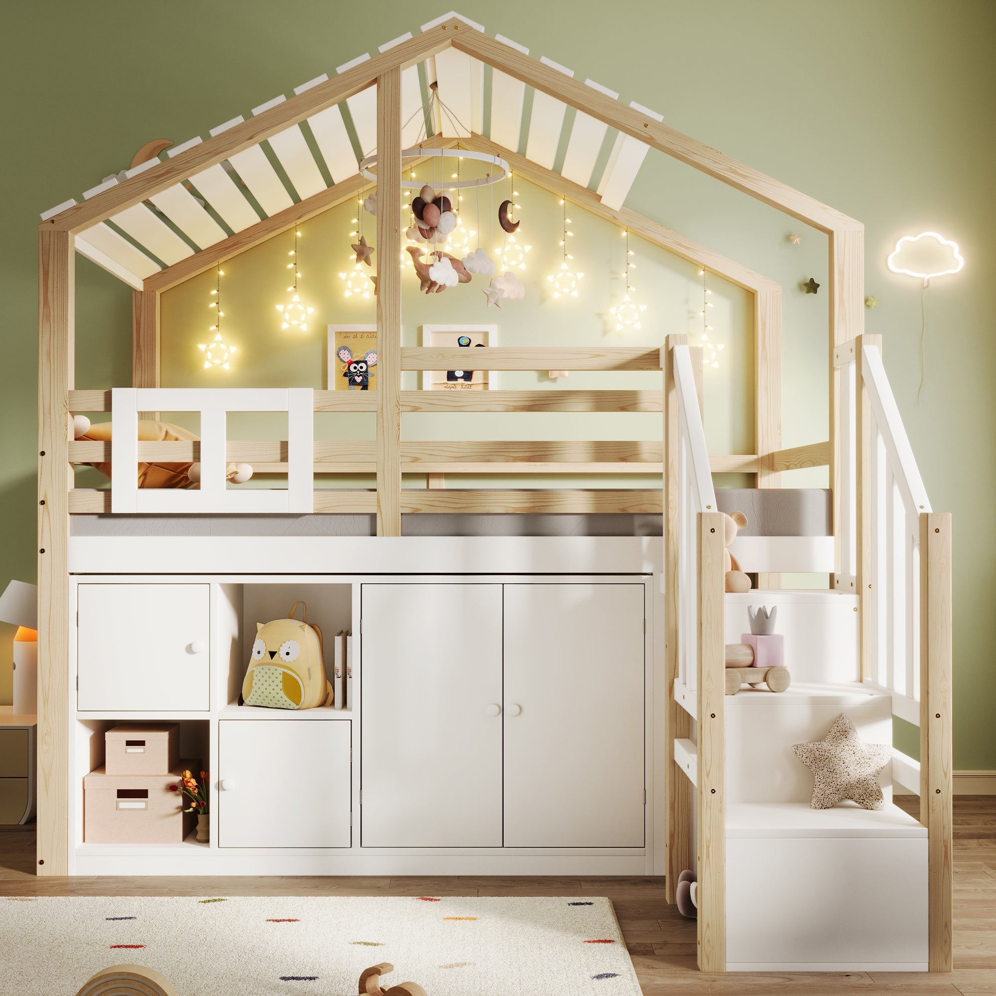 Loft Bed 90x200cm House Design Storage Ladder Lockers - White/Natural