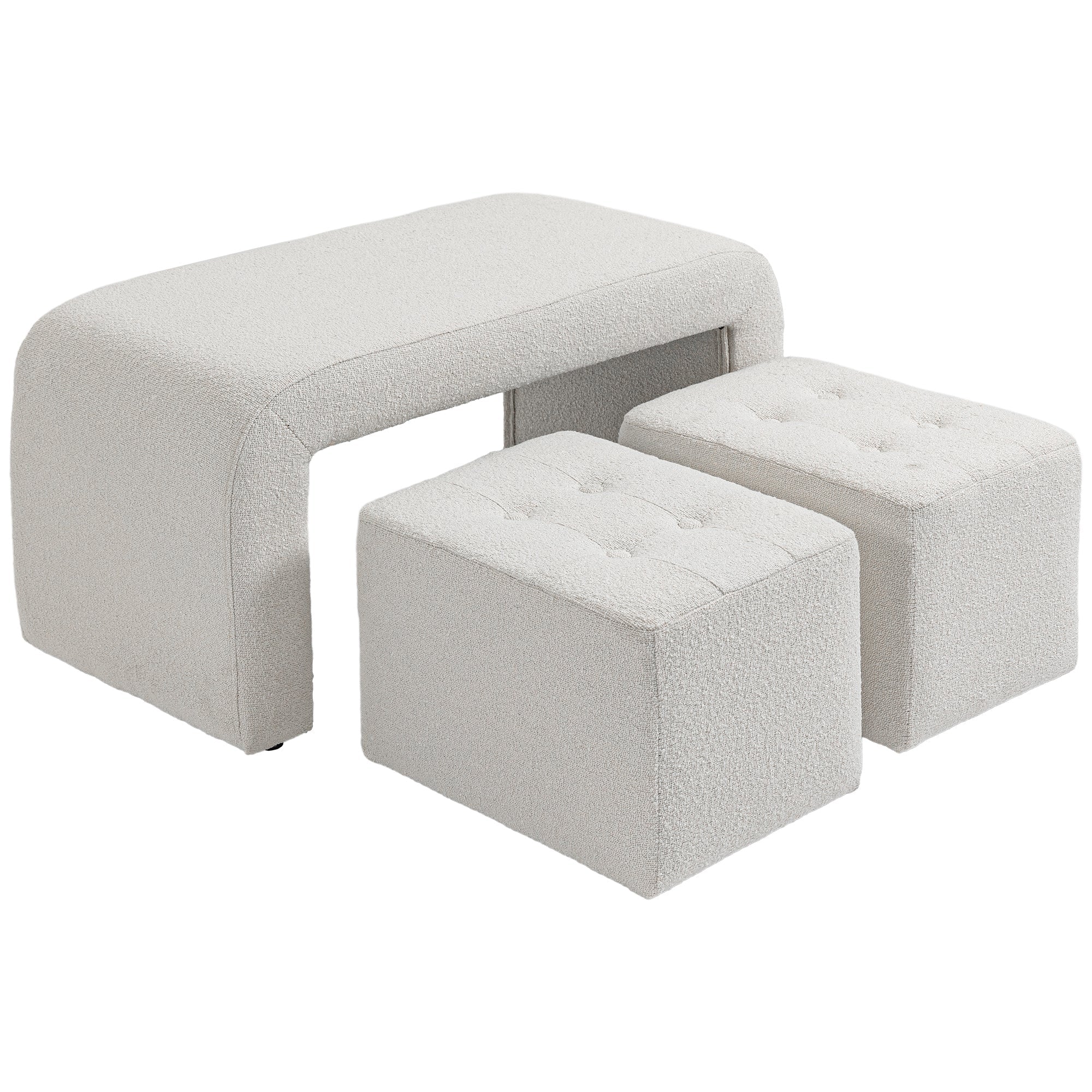 Footstool Set, 3-Piece Ottoman Seat, Upholstered, Elegant White