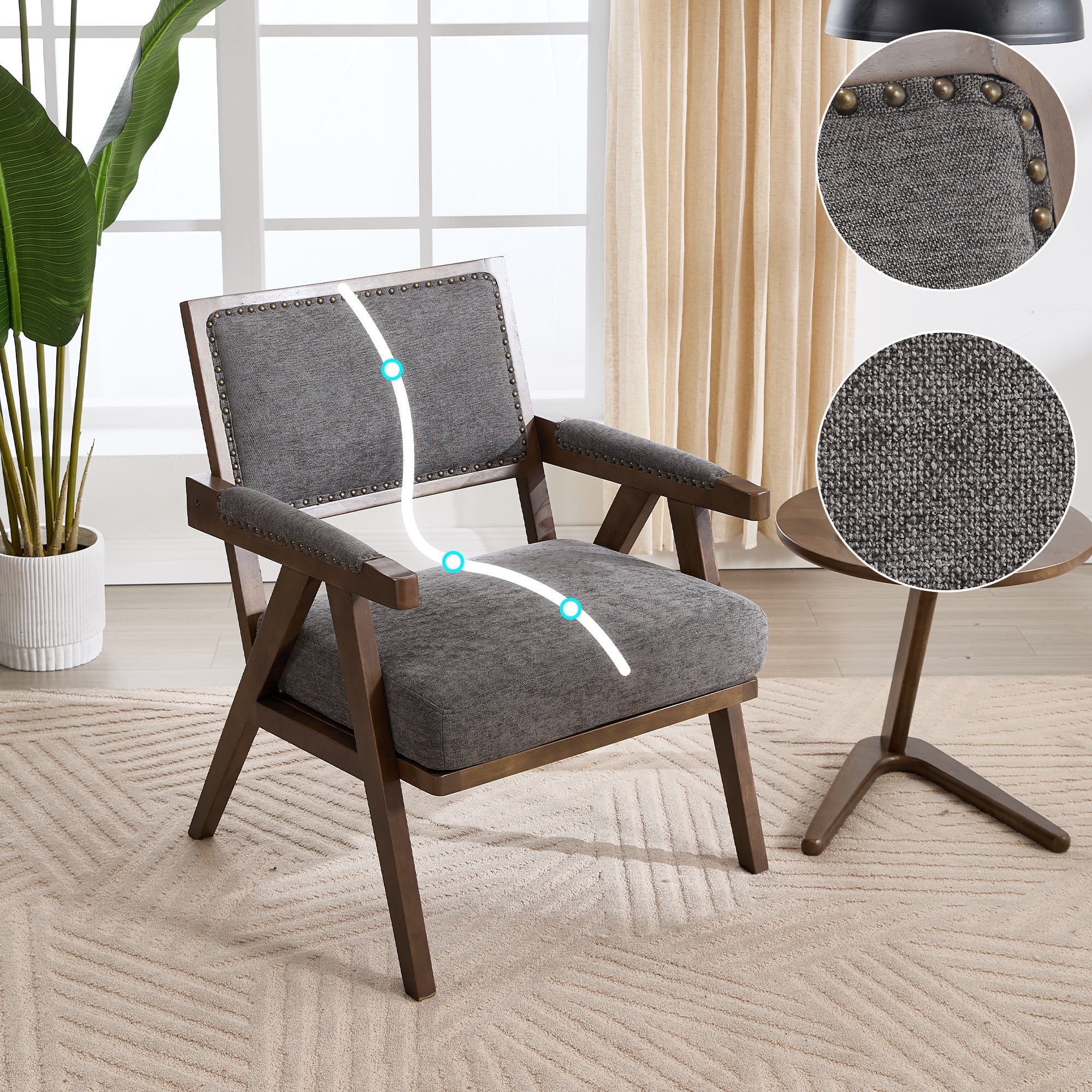 Sessel im Mid-Century Modern Stil, einzelner Loungesessel mit Holzrahmen, Stoff