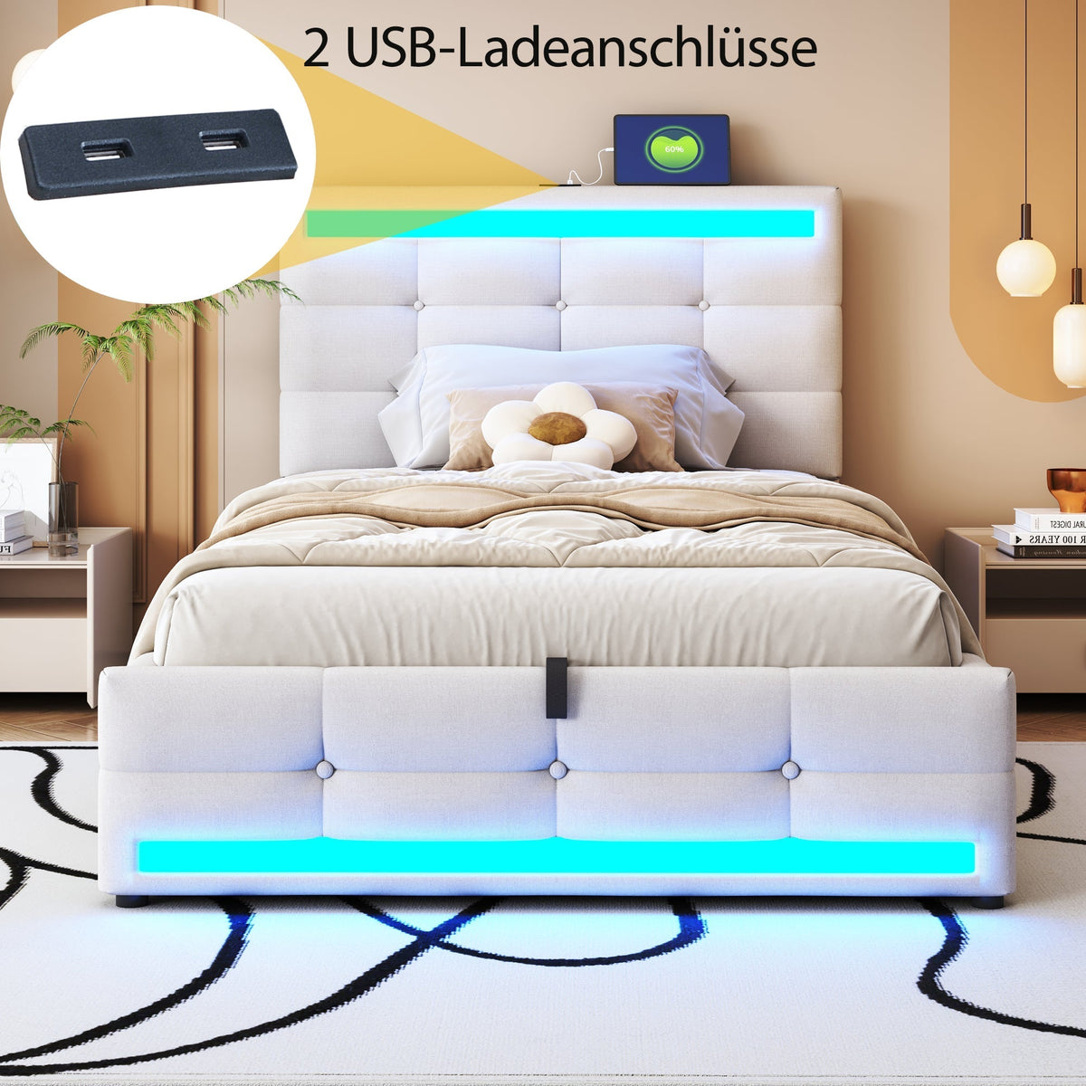 Upholstered Bed 90x200 Hydraulic Storage USB LED Light Strip, Beige Linen