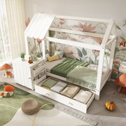 House Bed Children's Bed 90x200 cm, Solid Wood with Drawers & Removable Bedside Table, White