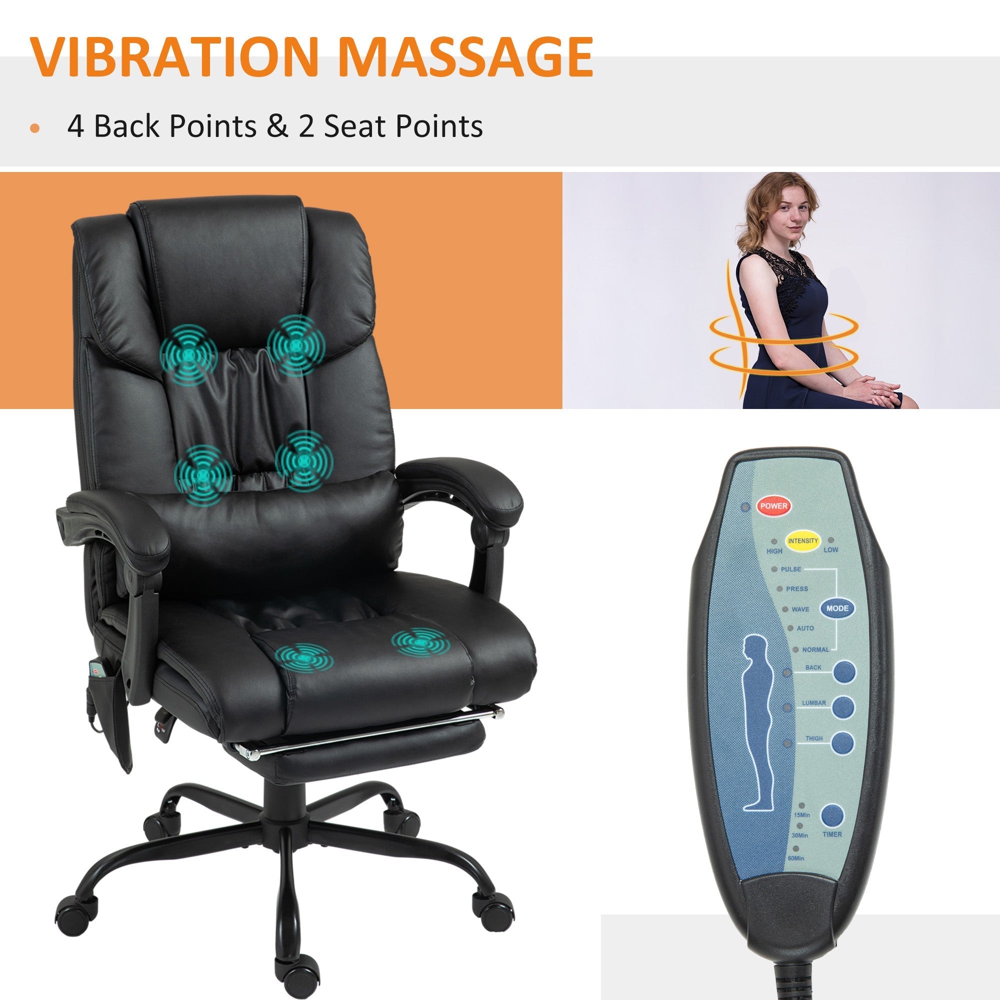 Office Chair, 6-Point Massage Adjustable Height Footrest, PU Leather Black