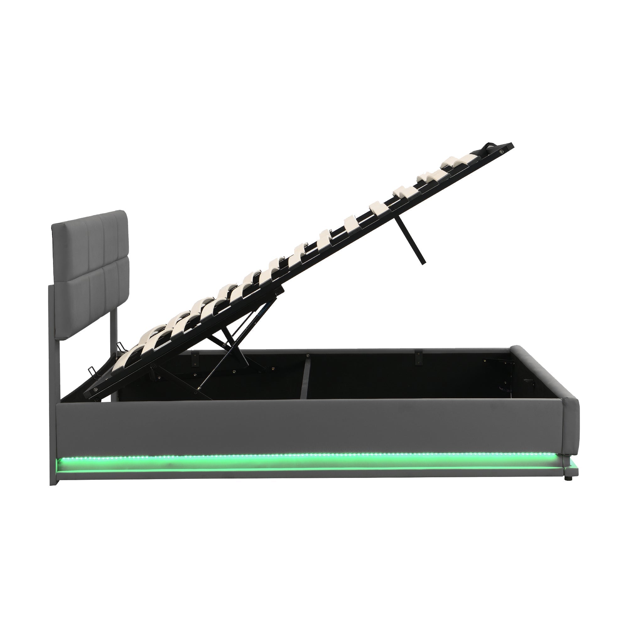 Faux Leather Bed with LED Lighting, Hydraulic Storage & Adjustable Headboard, Grey