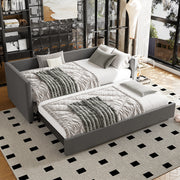 3ft Single Grey Linen Upholstered Bed with Pull-Out Trundle – Daybed Sofa