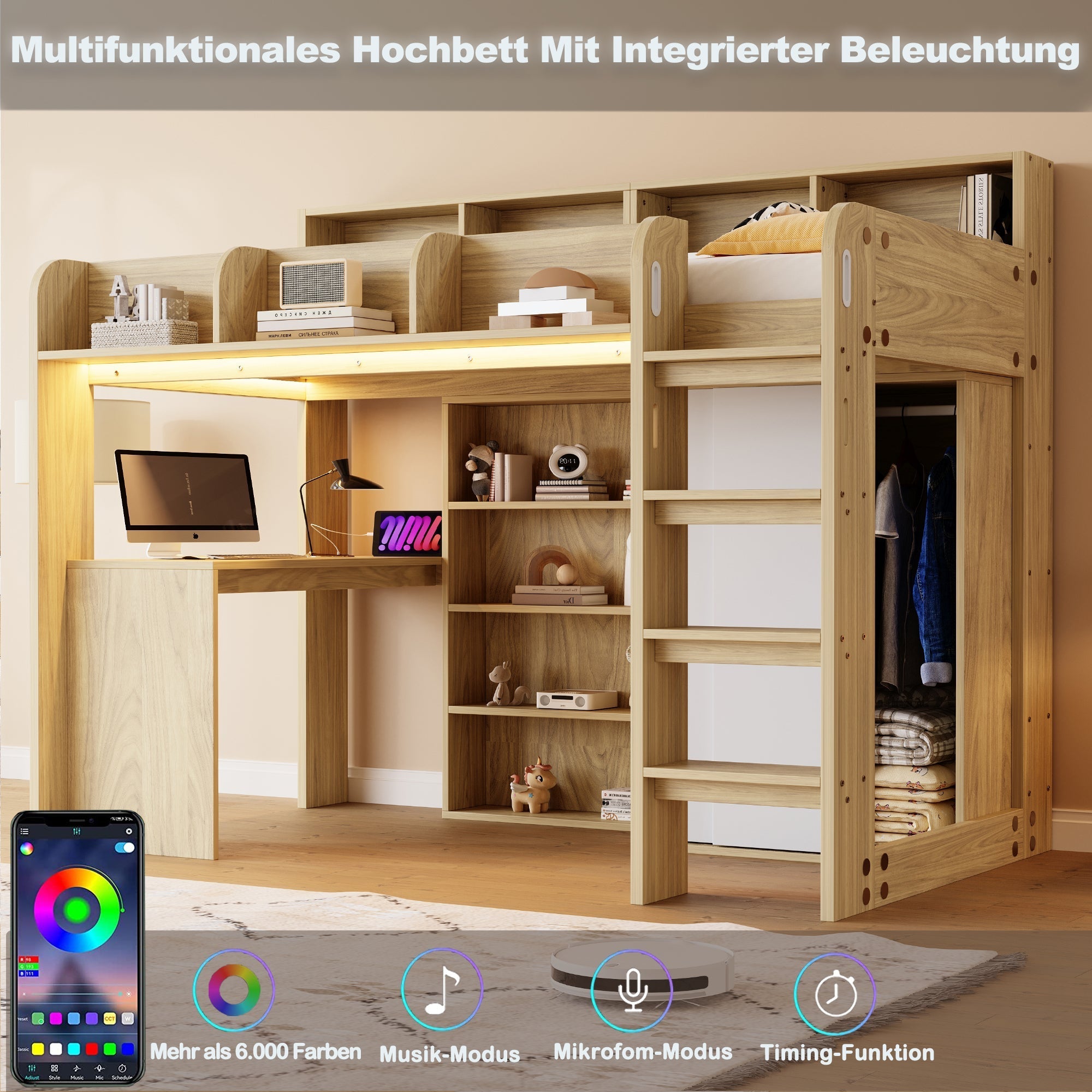 Multifunctional Loft Bed with Desk, Wardrobe, LED Lighting and Power Outlet, Wood Color
