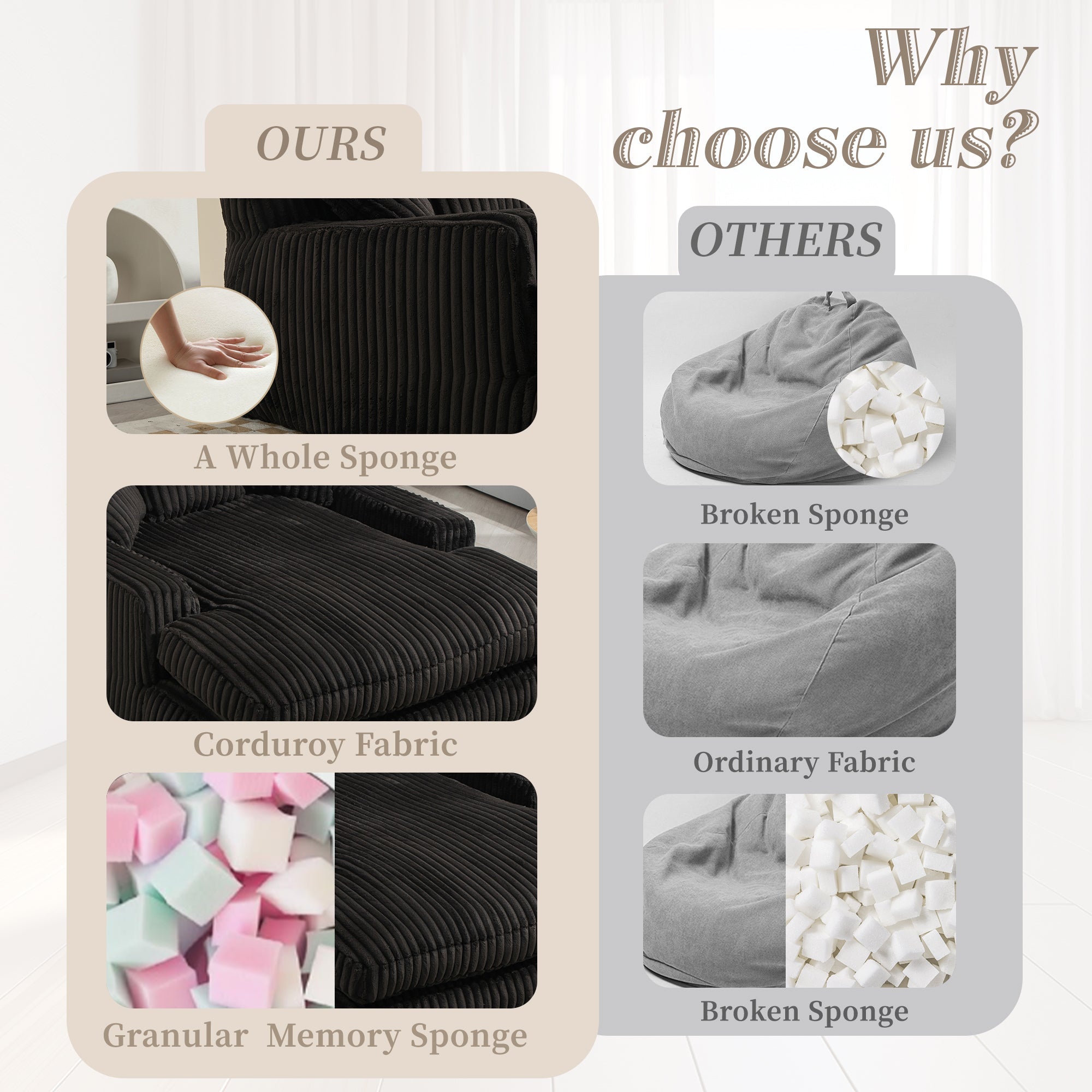 GOMYWAY Chaise Lounge Sofa Sleeper Chair with 3 Throw Pillows, Black Corduroy