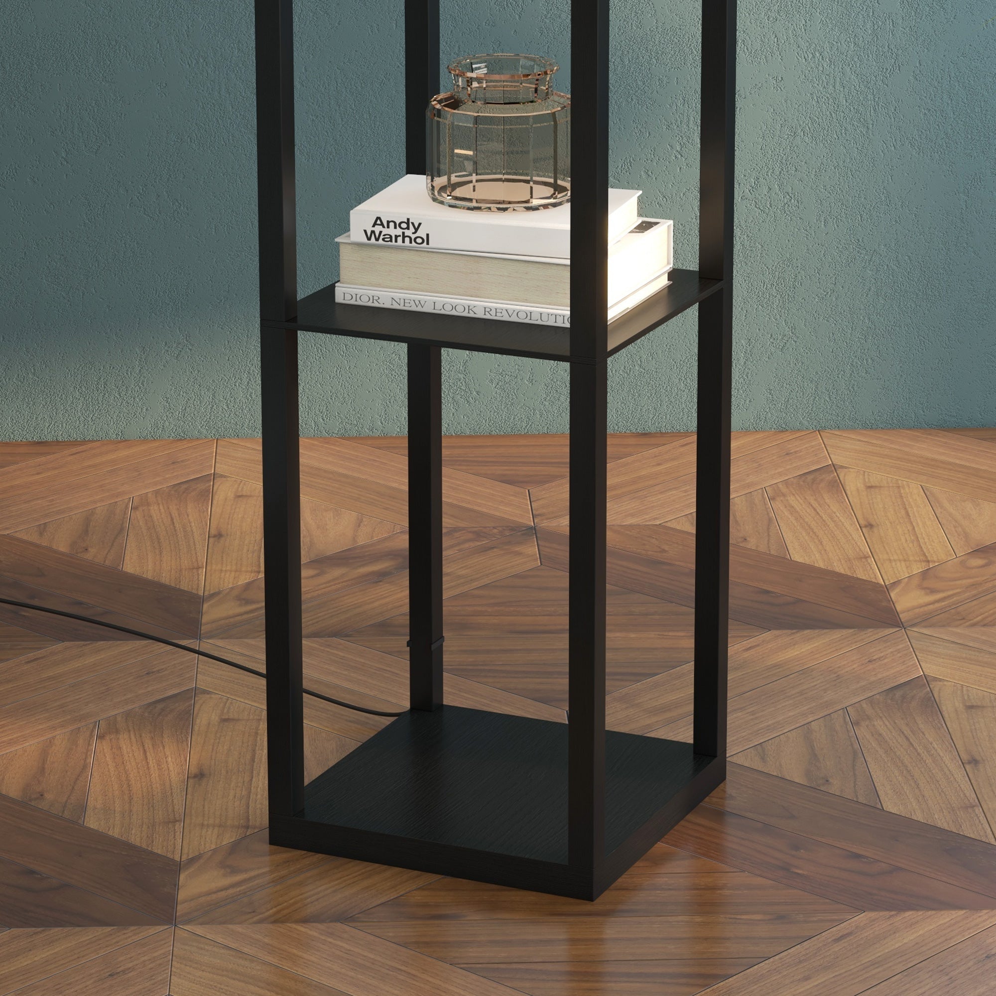 Floor Lamp with Shelves, E27 40W, Wood in Black