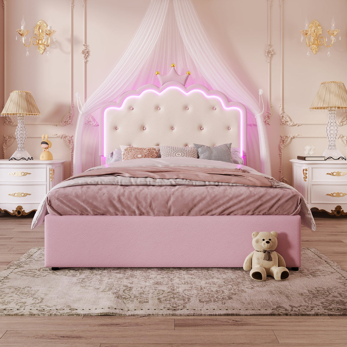 Upholstered Bed 140x200cm Pull-out 2 Drawers Ambient LED Princess Design - Pink PU