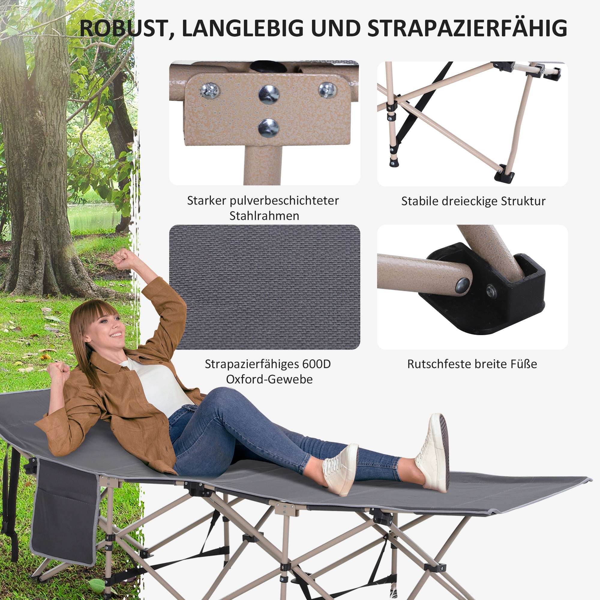 Camp Bed, Foldable Camping Lounger with Carry Bag, Steel Oxford Grey