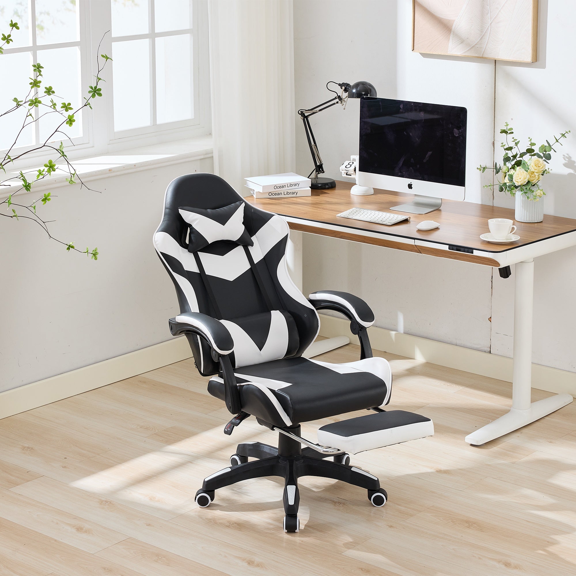 Gaming Chair 360° Swivel Ergonomic Racing High-Back Adjustable Footrest Headrest Lumbar Support - Black & White Leather