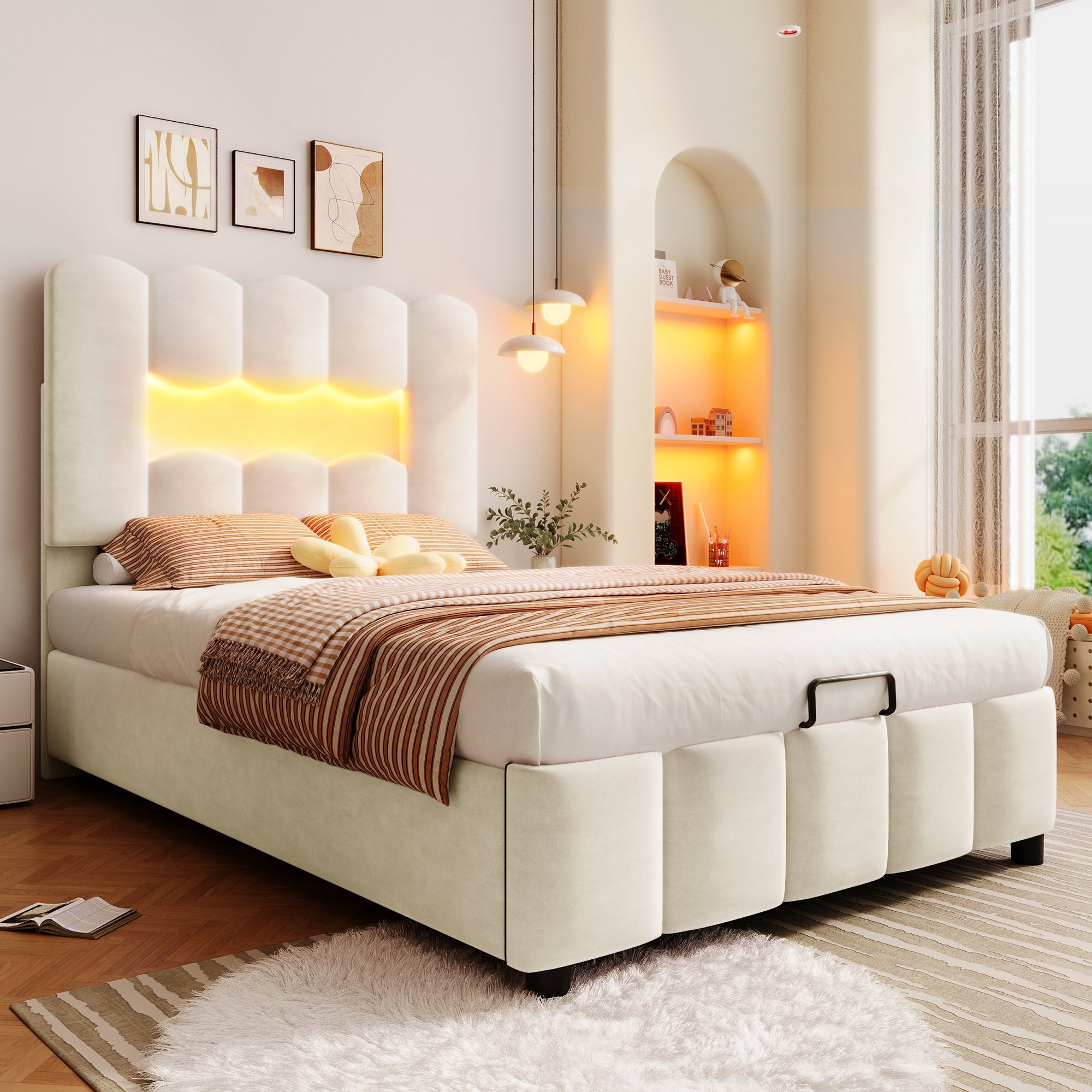 Upholstered Bed 90x200cm Hydraulic LED Adjustable Headboard Beige Velvet