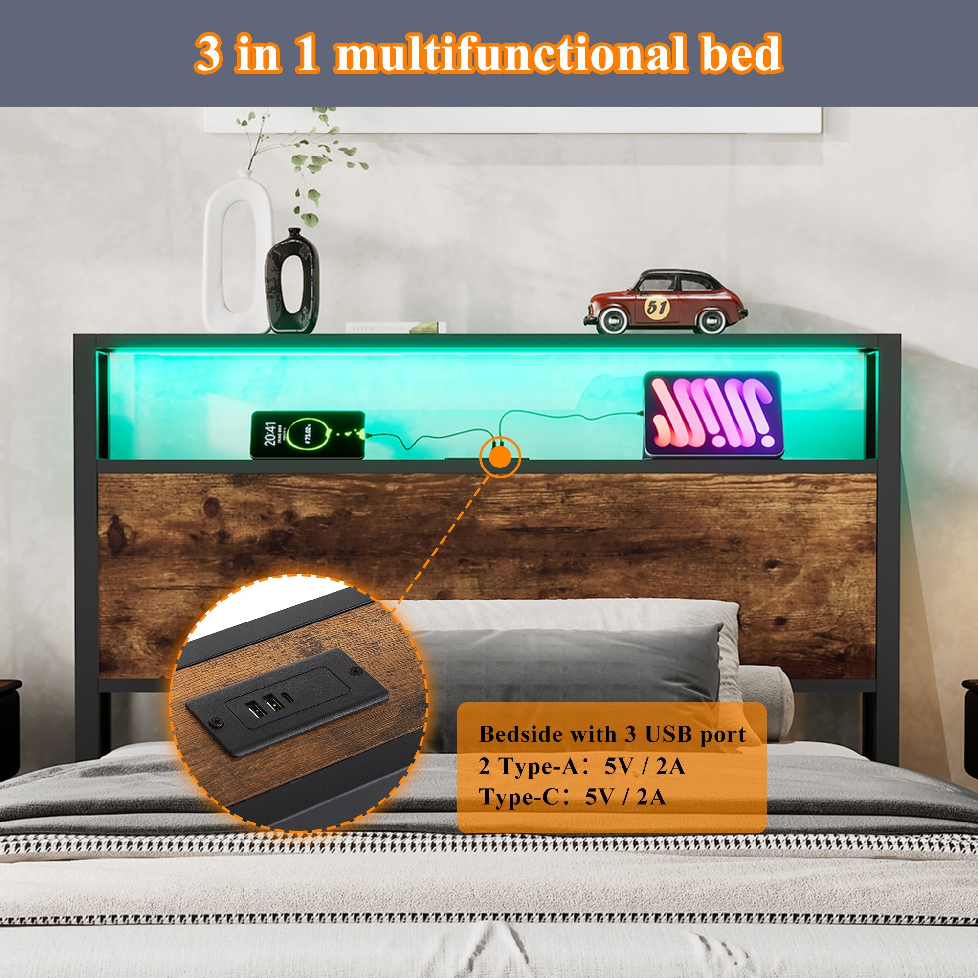 Metal Bed, 3FT Single with LED Light Strip & Drawer, Black & Walnut