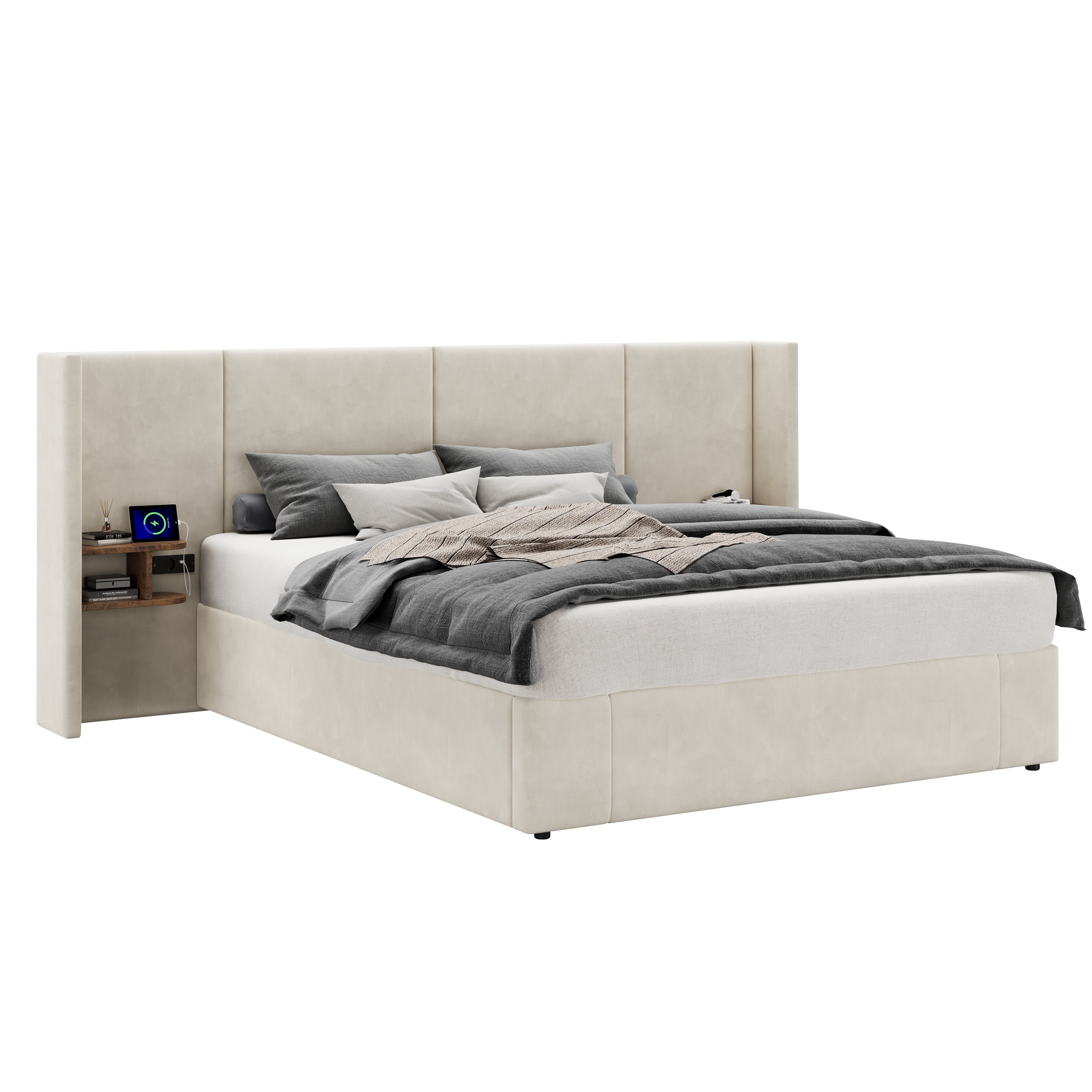 Upholstered Bed 160x200cm Hydraulic Storage USB Power Outlets 2 Bedside Tables Velvet Beige