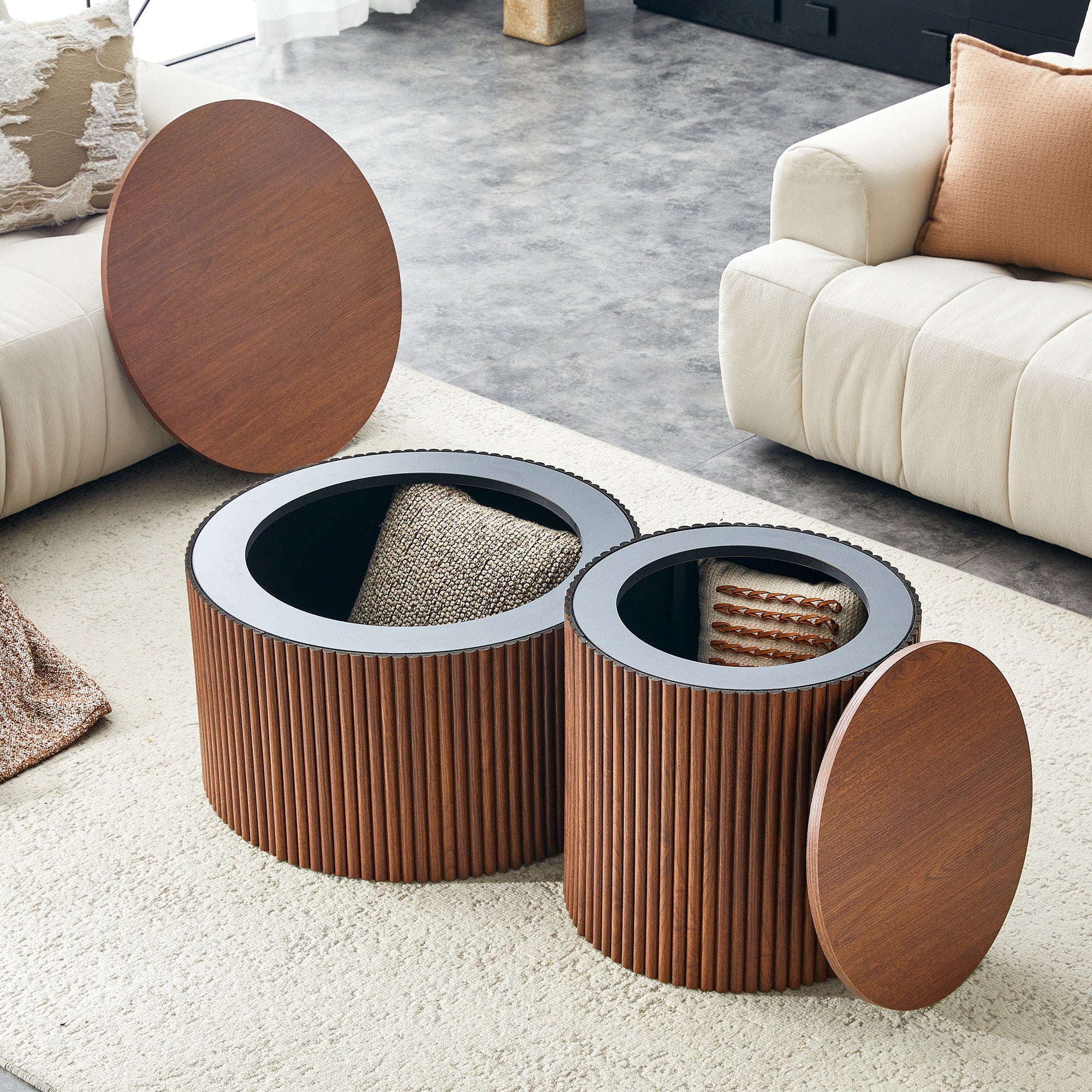 2-Piece Nesting Coffee Table Set, Roman Column Round Design with Built-in Storage, Walnut Grain MDF