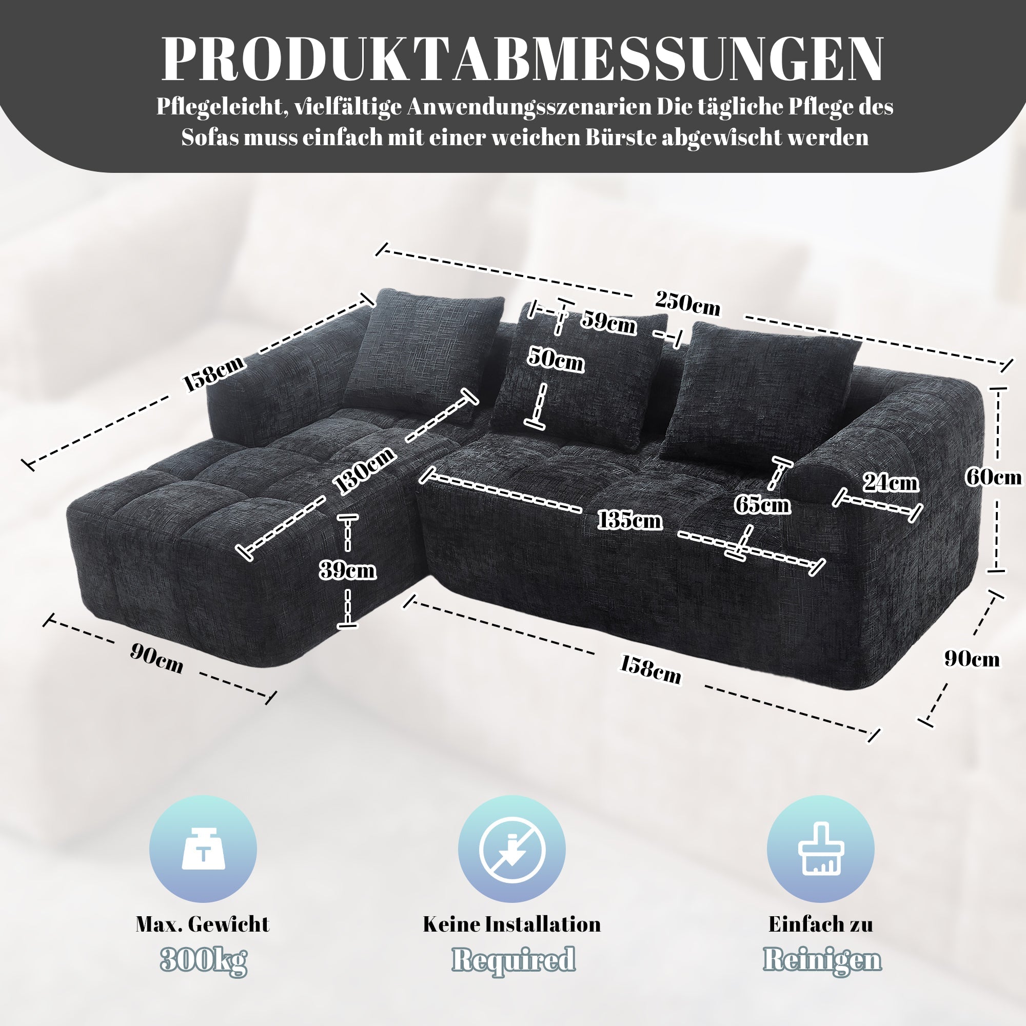 Modern Sectional Sofa L-Shaped 3-Seater Chaise Lounge, Chenille Black