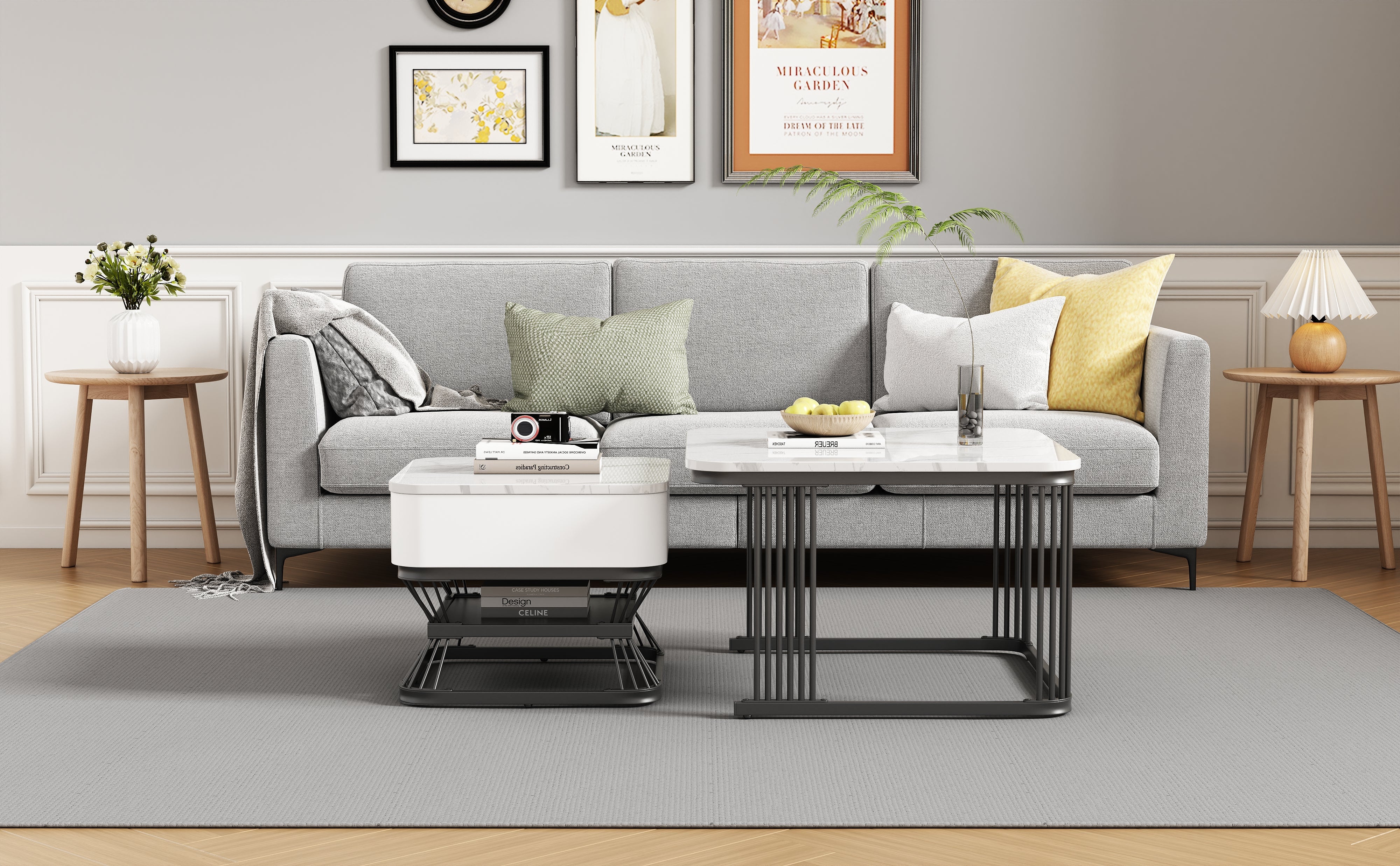 2-Piece Geometric Coffee Table Set with Drawer, High-Gloss Marble Look, White/Black