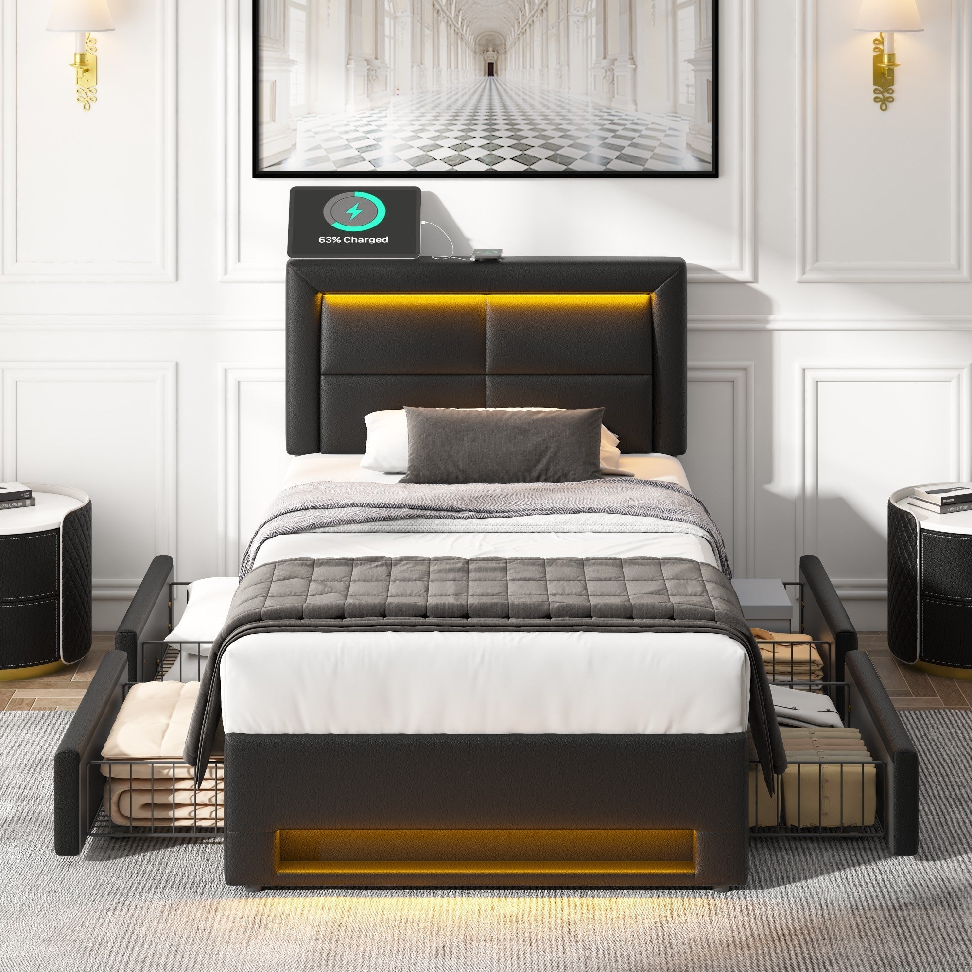 Upholstered Bed 90x200cm LED USB Charging 4 Drawers - Black PU Lychee