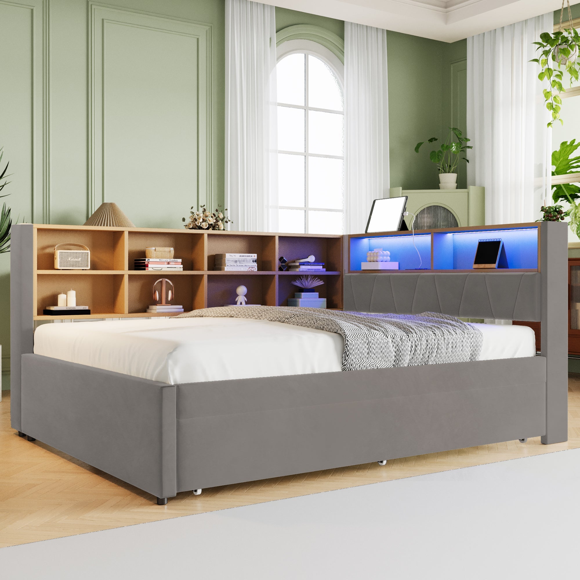 Sofa Bed 140x200 Pull-out LED Storage, Flannel Dark Gray